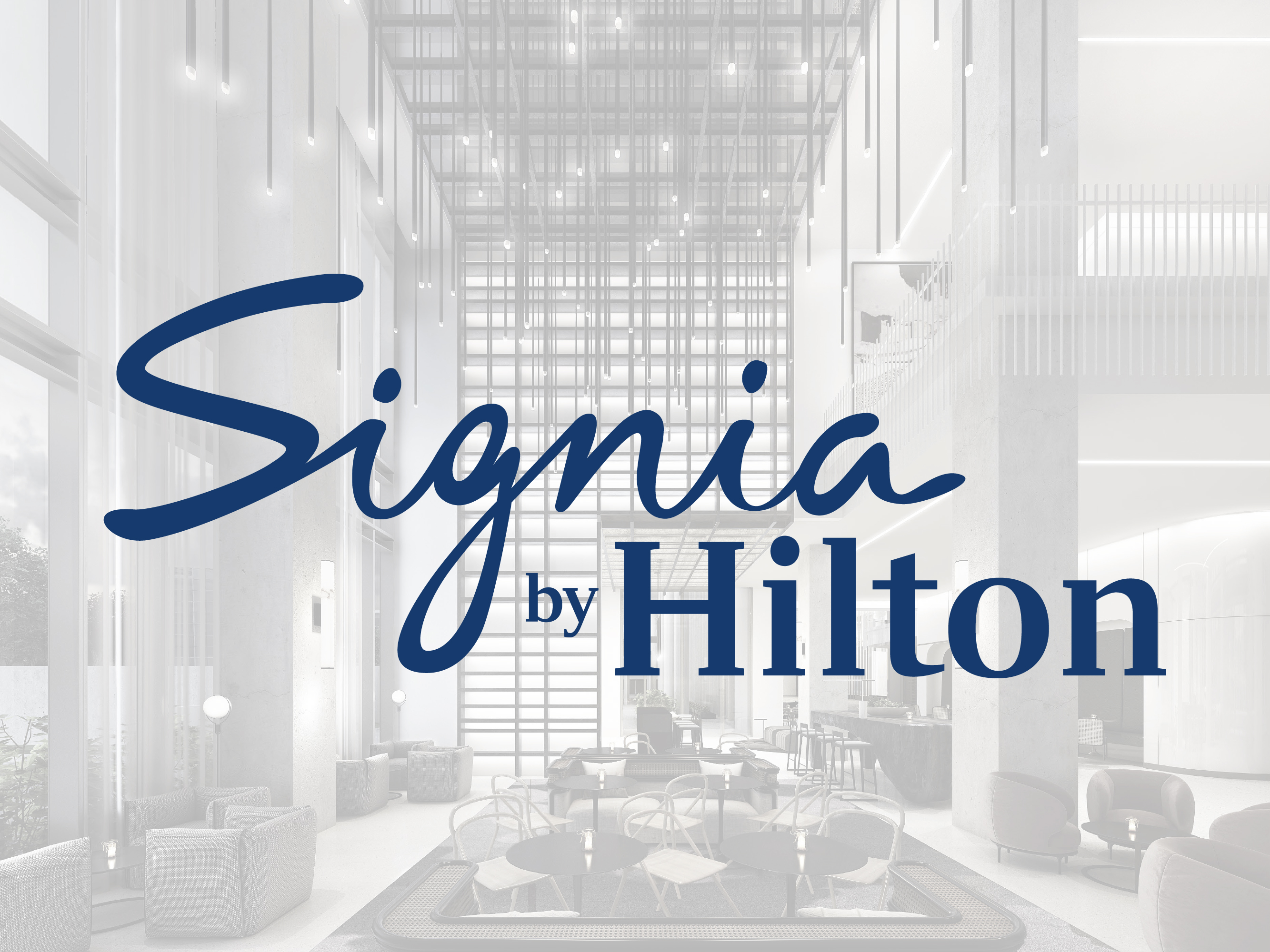 Signia by Hilton logo overlaid on a modern hotel lobby with high ceilings, large windows, contemporary seating, and pendant lighting.