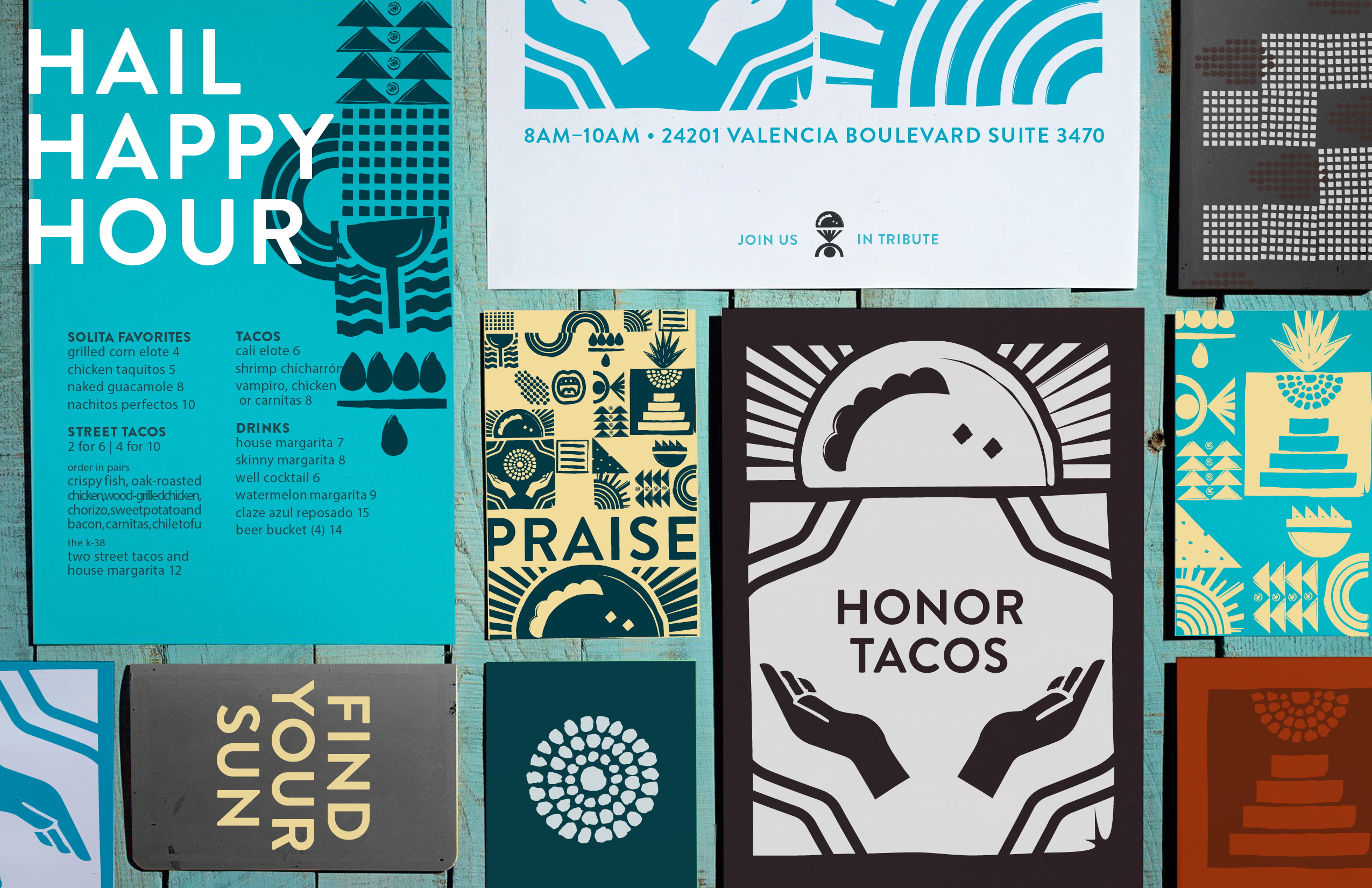 A collage of graphic posters features taco-themed designs, geometric patterns, pricing, business hours, and texts like "HONOR TACOS" and "HAIL HAPPY HOUR" on a turquoise background.