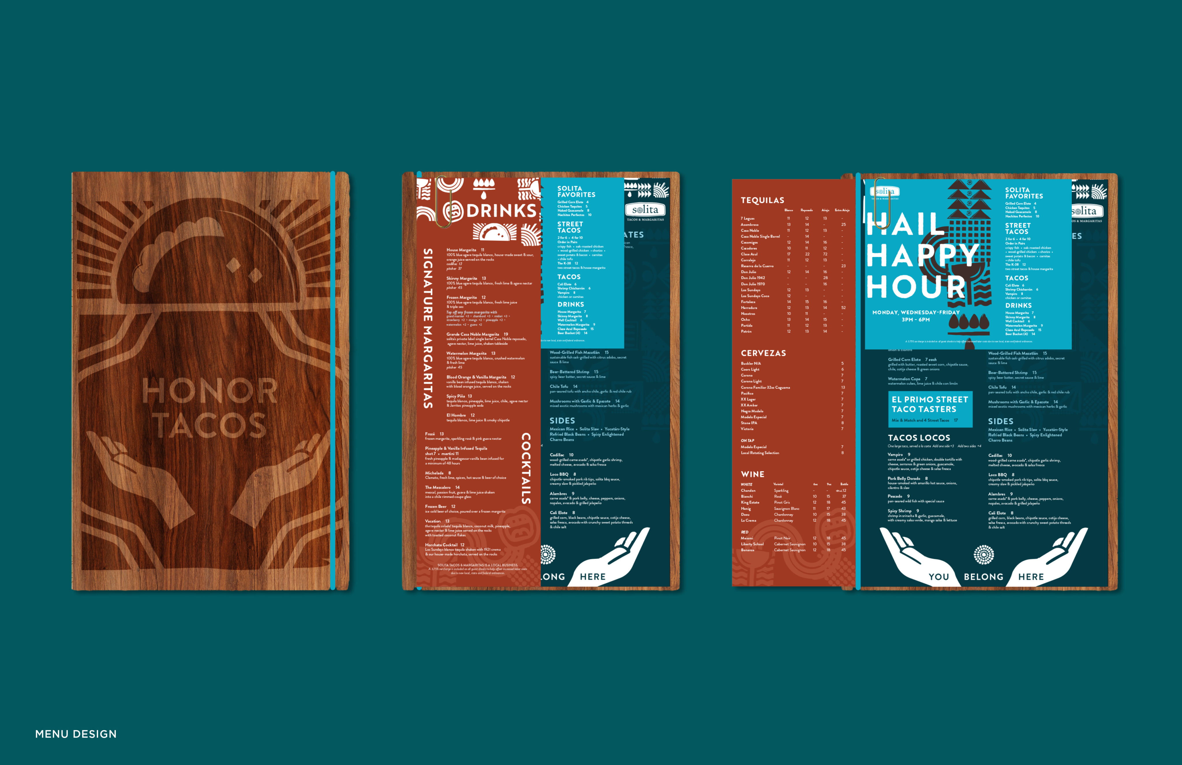 Three-page restaurant menu design for "Honor Tacos" featuring a wooden cover with a taco graphic and two colorful, organized menu pages for food, drinks, and happy hour specials.