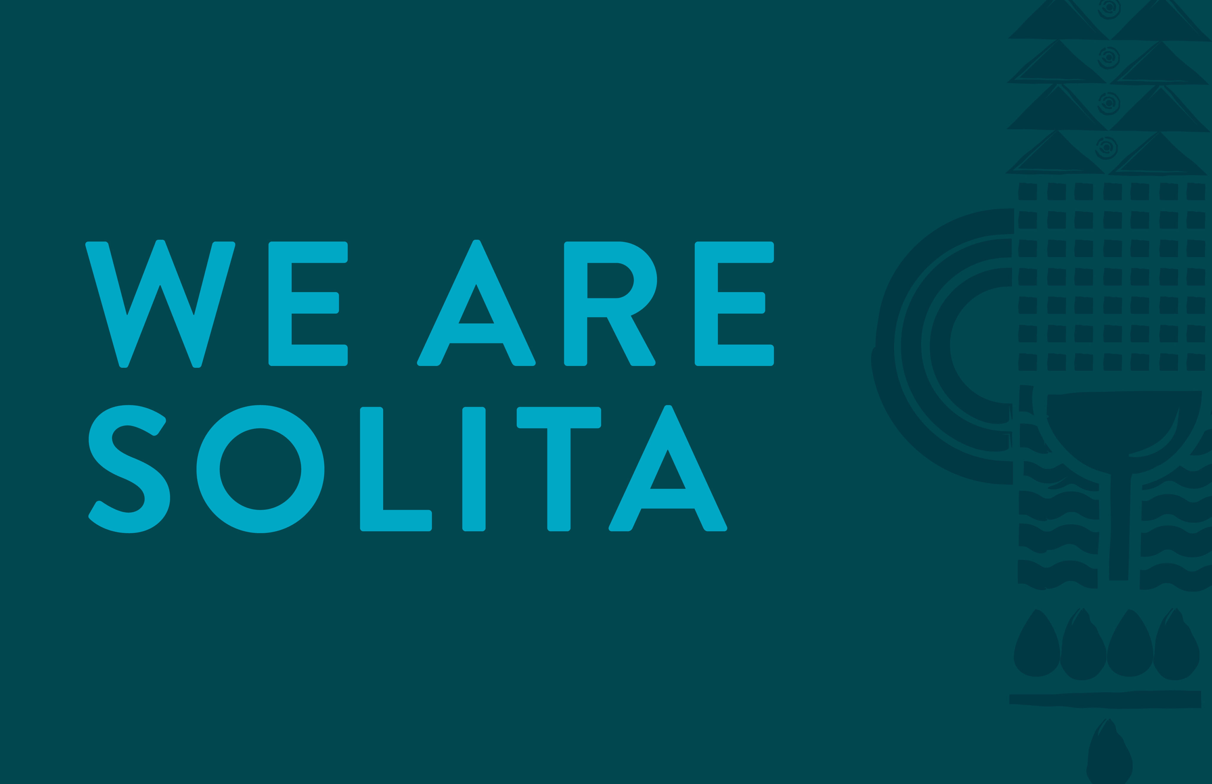 Text "WE ARE SOLITA" in bold turquoise letters on a dark teal background with abstract geometric patterns on the right side.