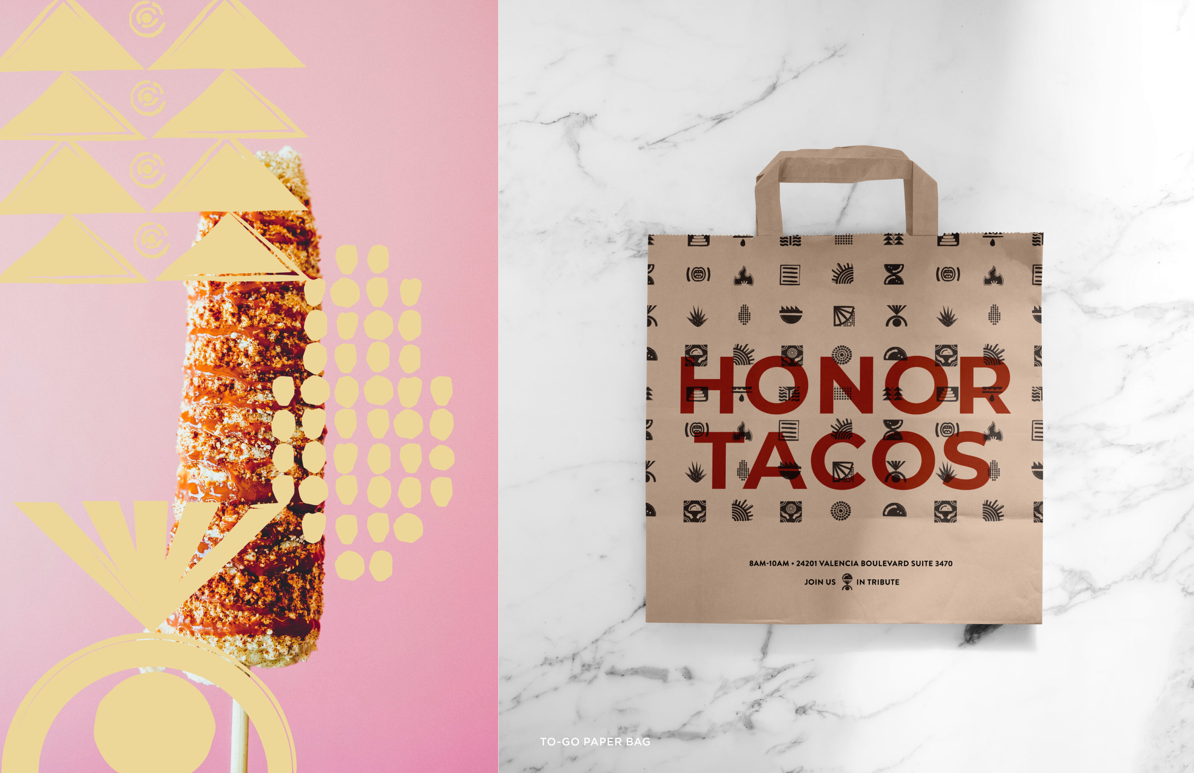 A to-go paper bag labeled "HONOR TACOS" with geometric patterns sits on a marble surface beside a decorative image of a corn on the cob against a pink background.