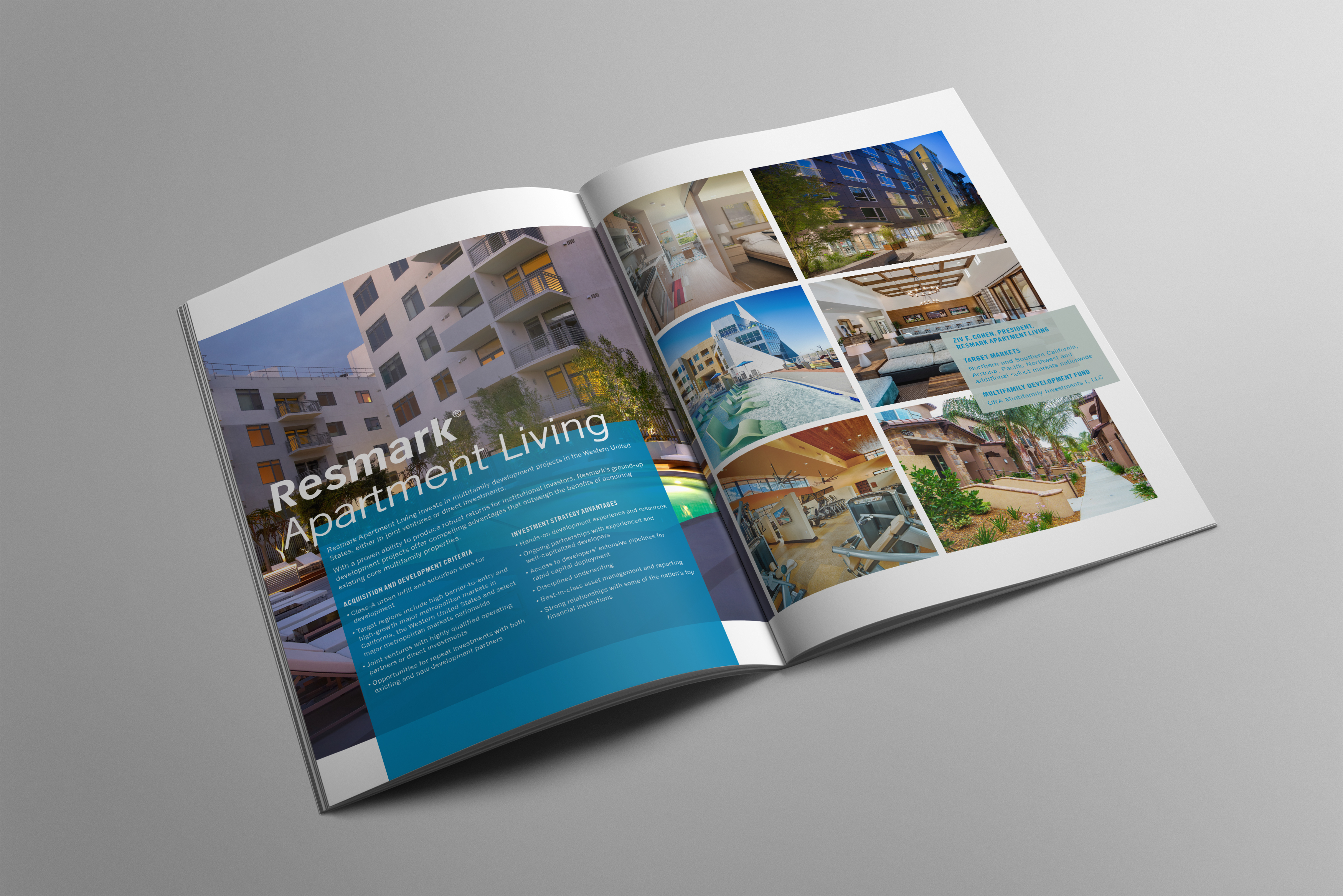 An open brochure displays images and information about modern apartment living, featuring exterior and interior photos, blue accents, and the title "Resmark Apartment Living.