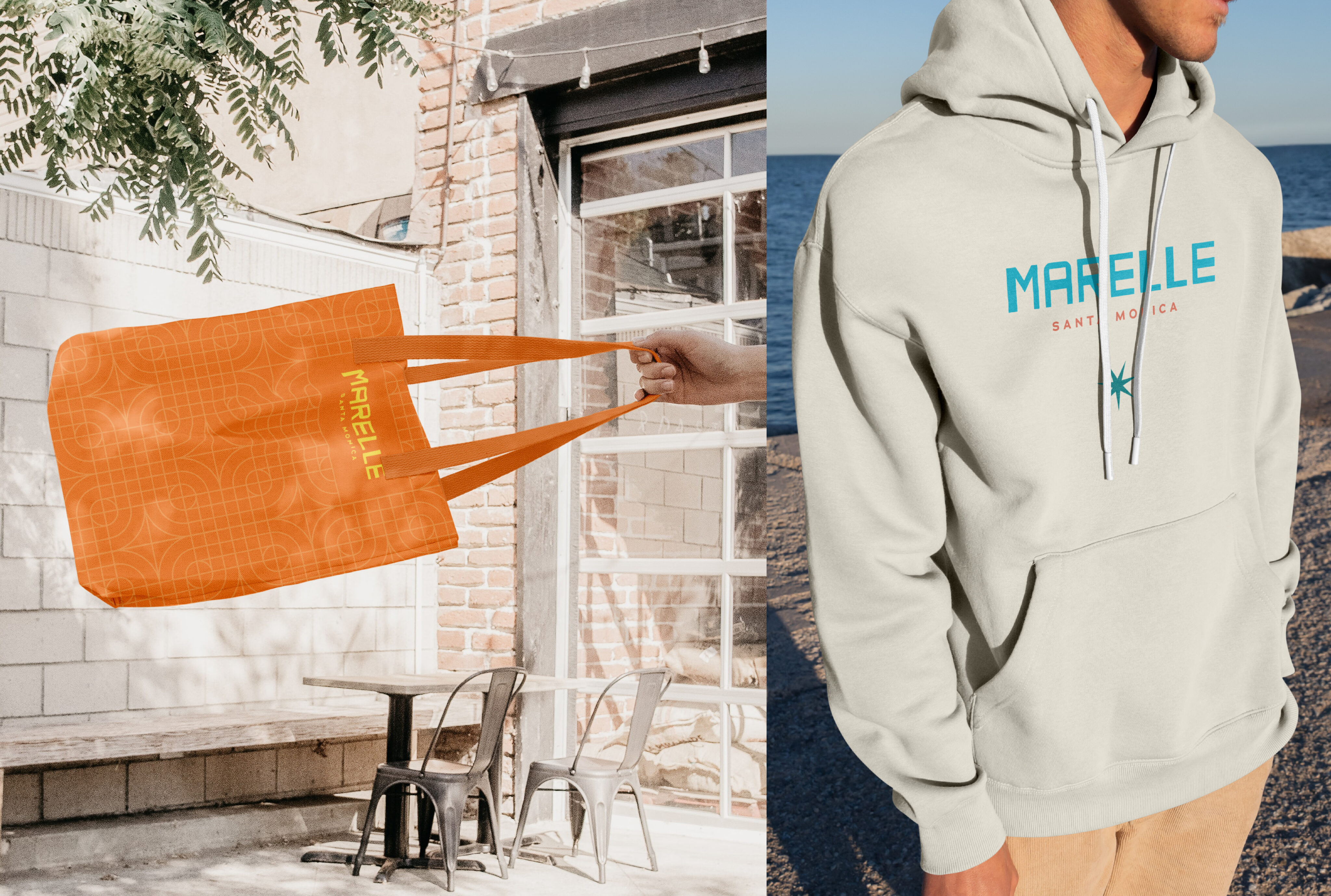 An orange tote bag with a geometric pattern and "MARELLE" text is held outdoors; next to it, a person wears a light hoodie with "MARELLE SANTA MONICA" text by the beach.