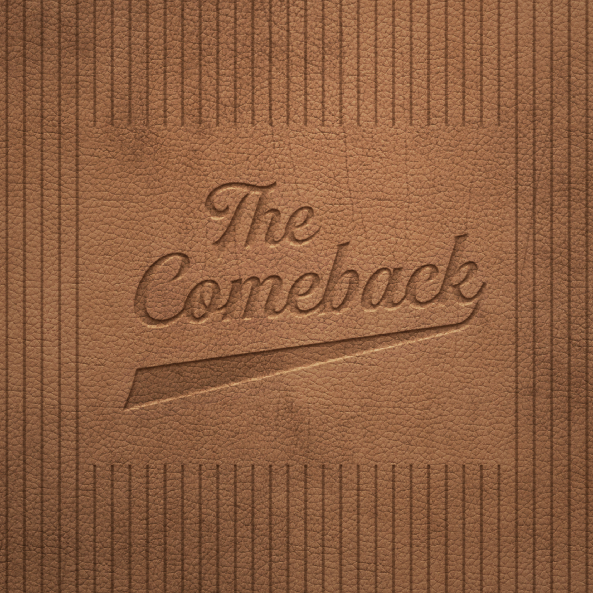 Brown textured surface with the words "The Comeback" embossed in a script font, centered within a rectangular border of vertical lines.