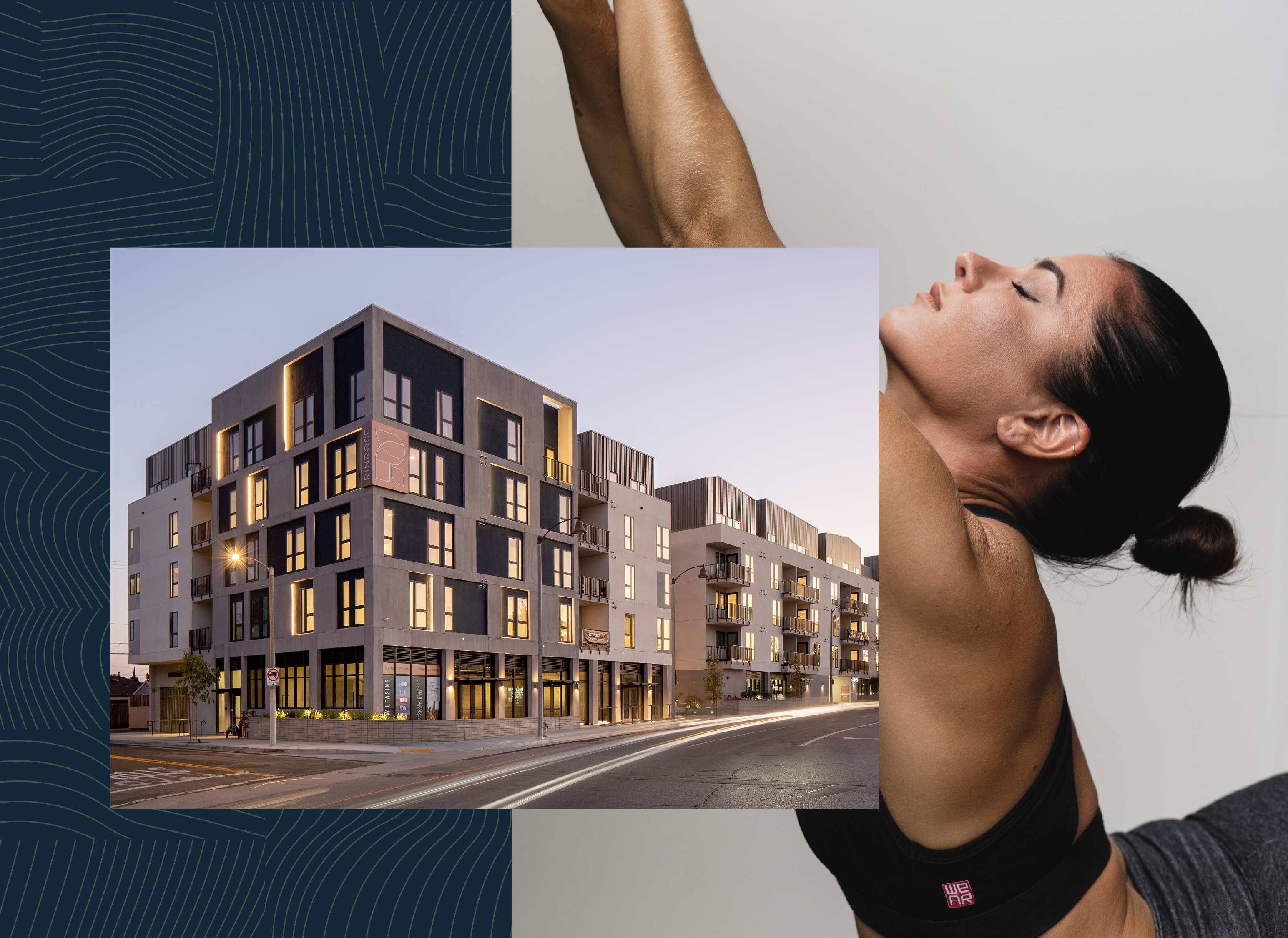 A focused woman stretches in athletic wear; overlaid is a photo of a modern multi-story apartment building at dusk.