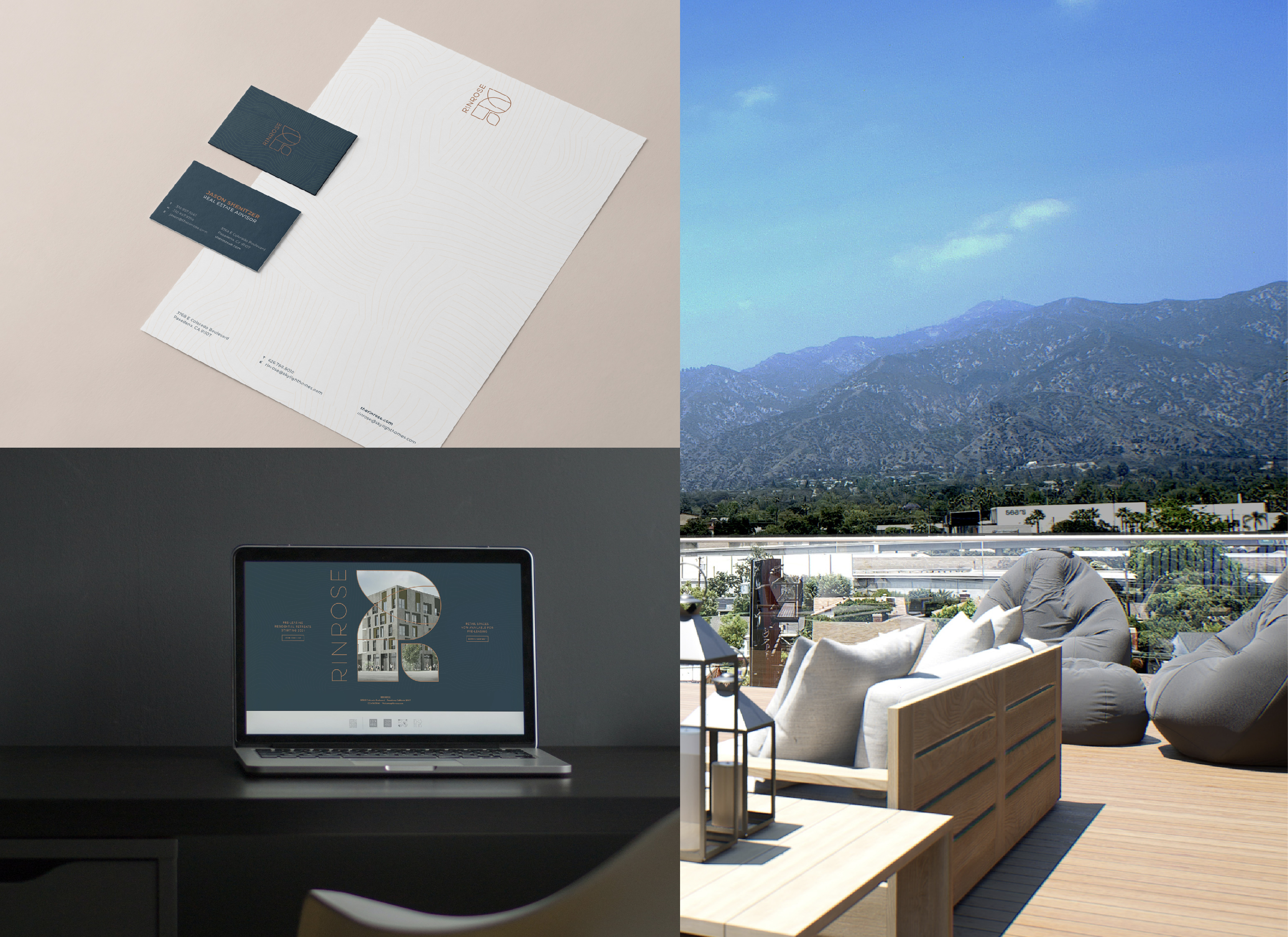 A collage showing branded stationery, a laptop displaying a website, and an outdoor patio with beanbag chairs overlooking mountains.