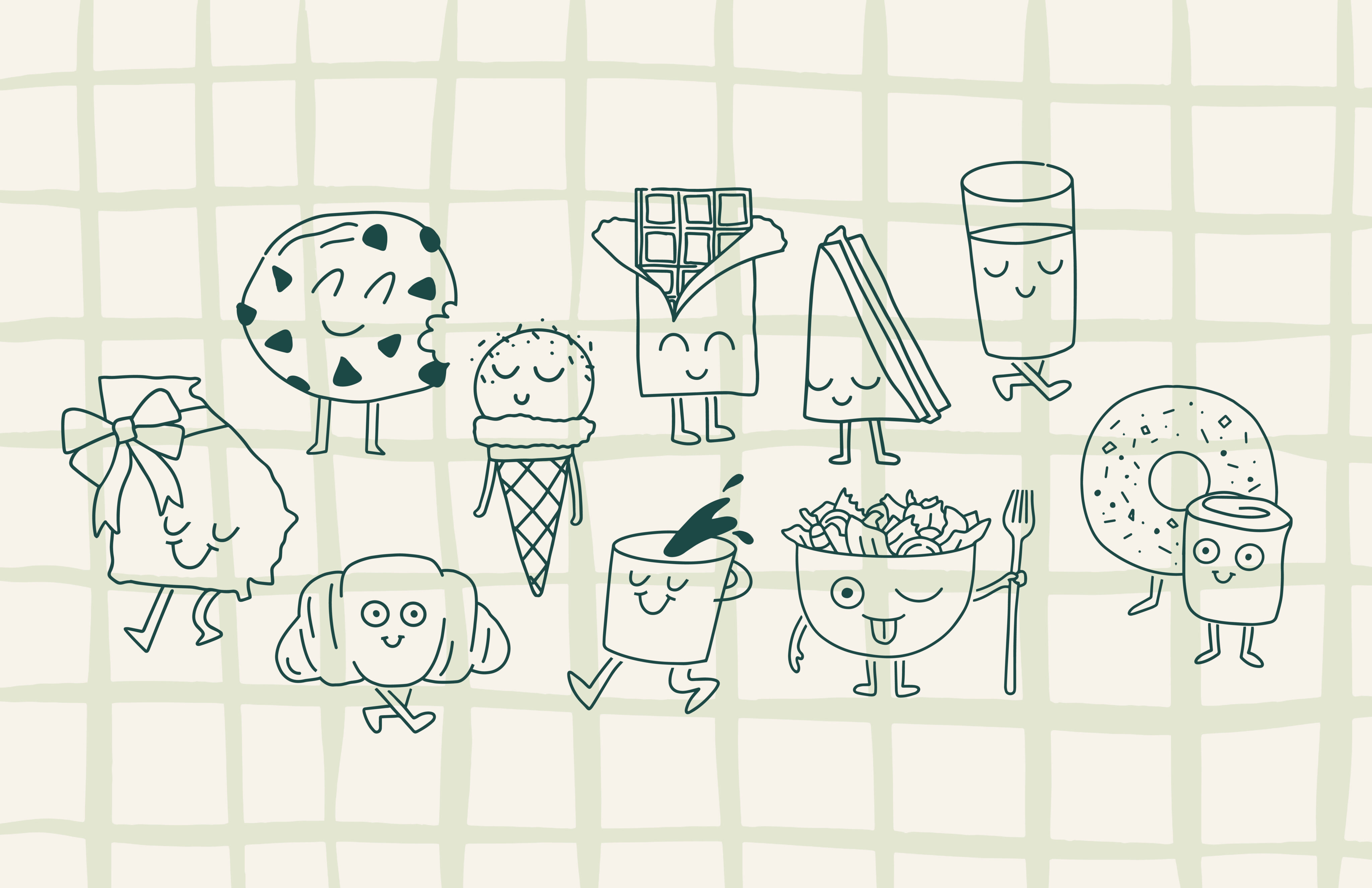 Various food items, including a cookie, waffle, sandwich, juice, cake, croissant, ice cream, coffee, salad, donut, and sushi, are illustrated with smiling faces and stick arms and legs.
