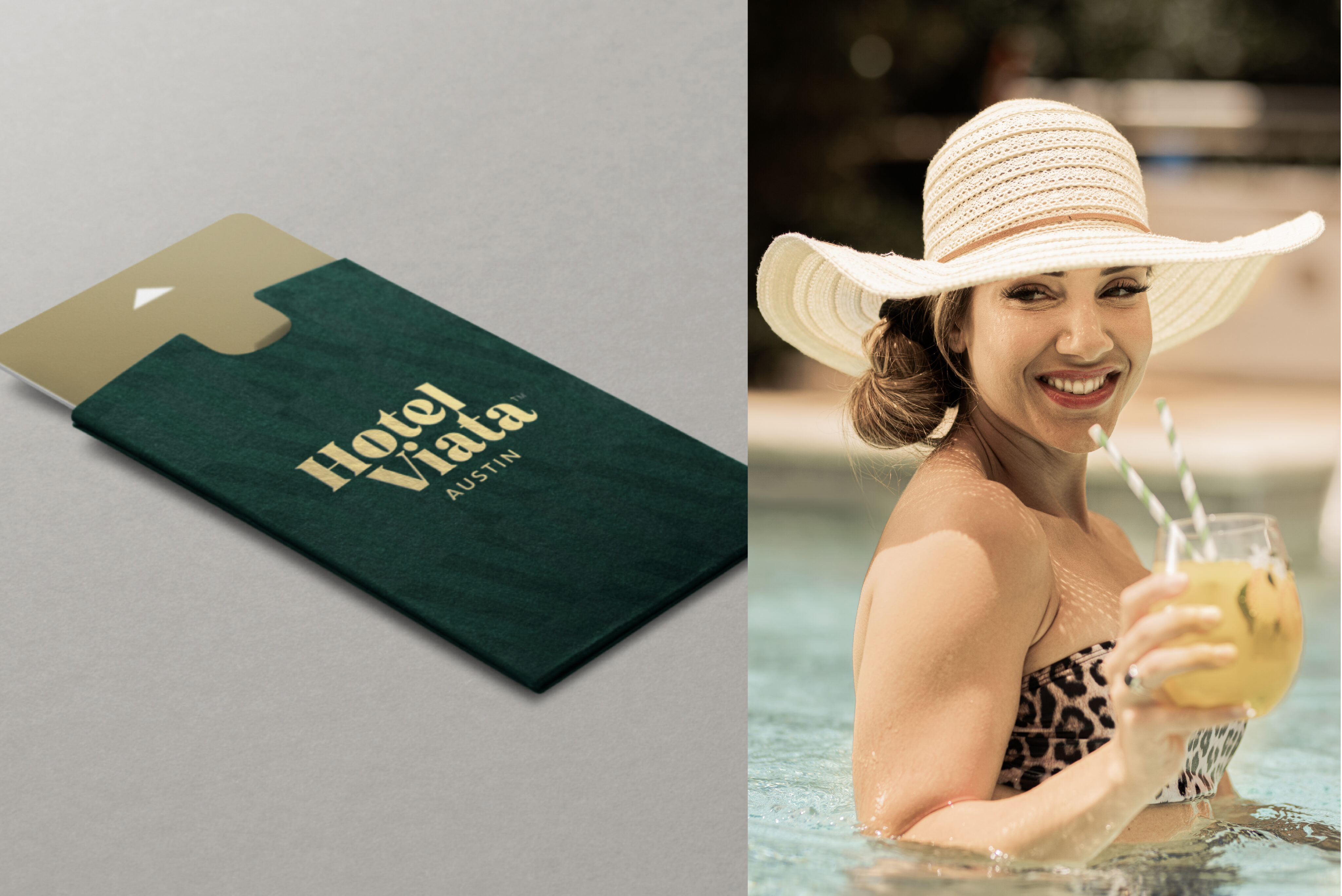 A green Hotel Viata Austin key card holder on the left; on the right, a woman in a sunhat smiles while holding a drink in a pool.