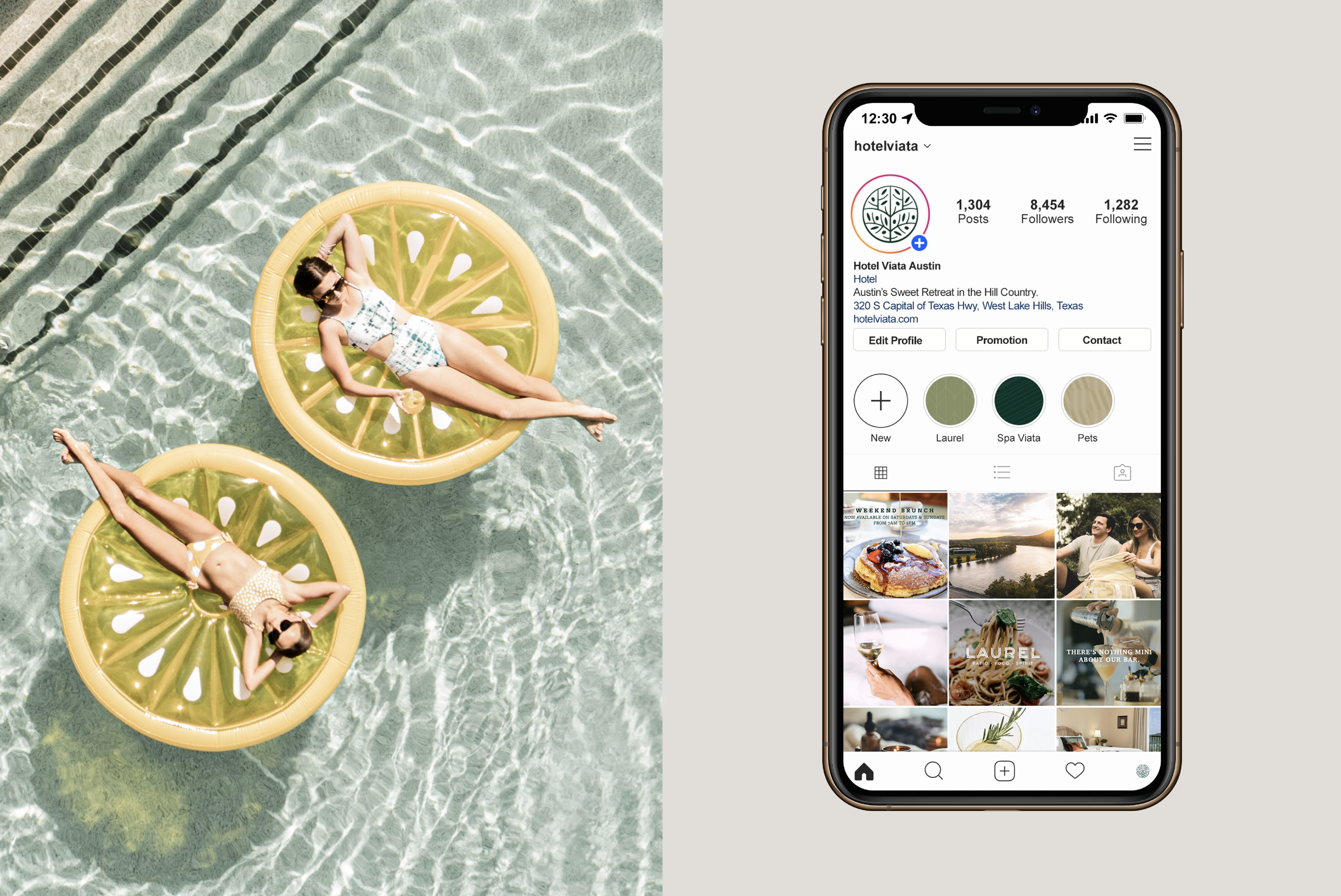 Two women float on lemon slice pool inflatables; beside them, a phone displays an Instagram profile for a hotel with a grid of travel and lifestyle photos.