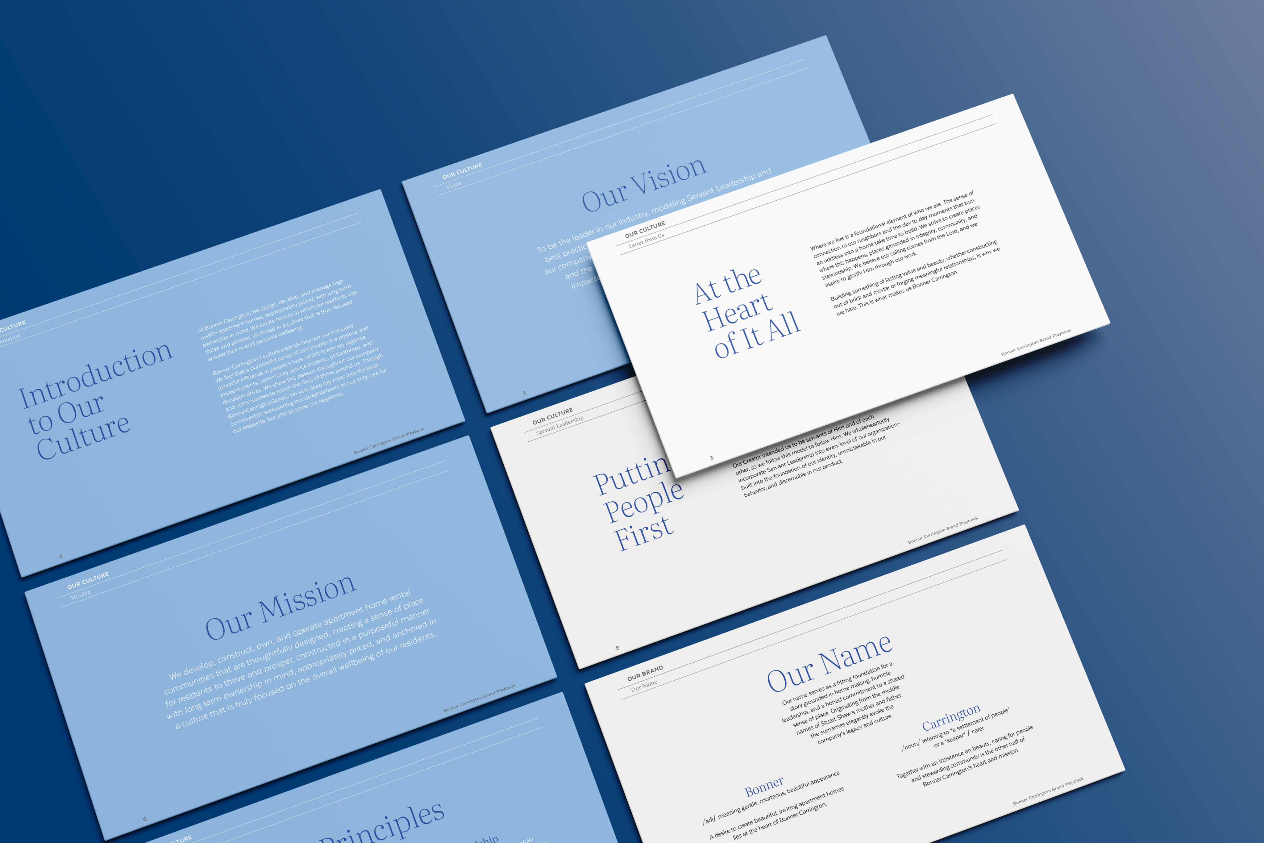 A set of presentation slides featuring sections on culture, vision, mission, principles, and organizational values, arranged in an overlapping layout on a blue gradient background.