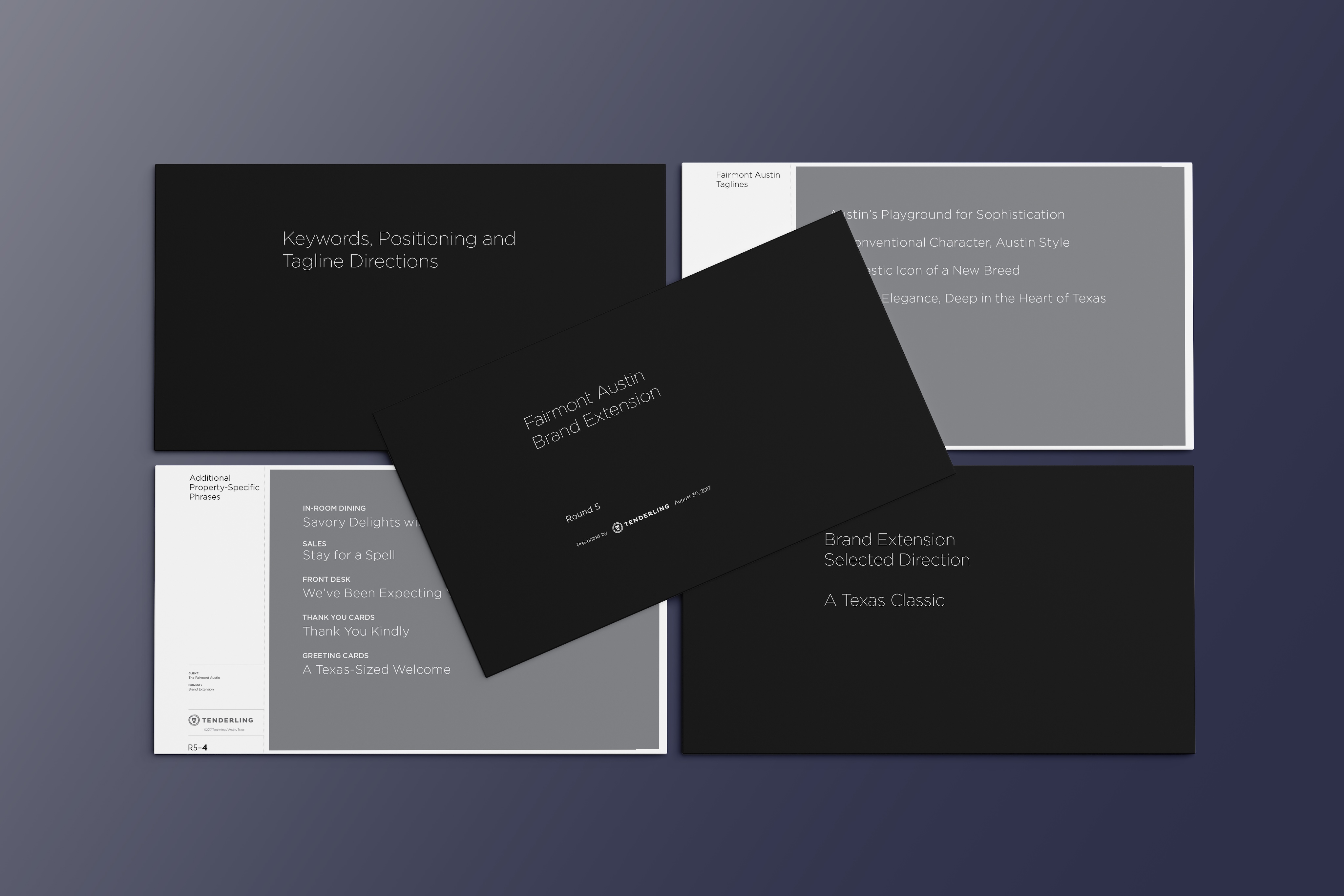 A set of five rectangular cards arranged on a dark background, each displaying text related to branding and tagline directions in a minimalist style.