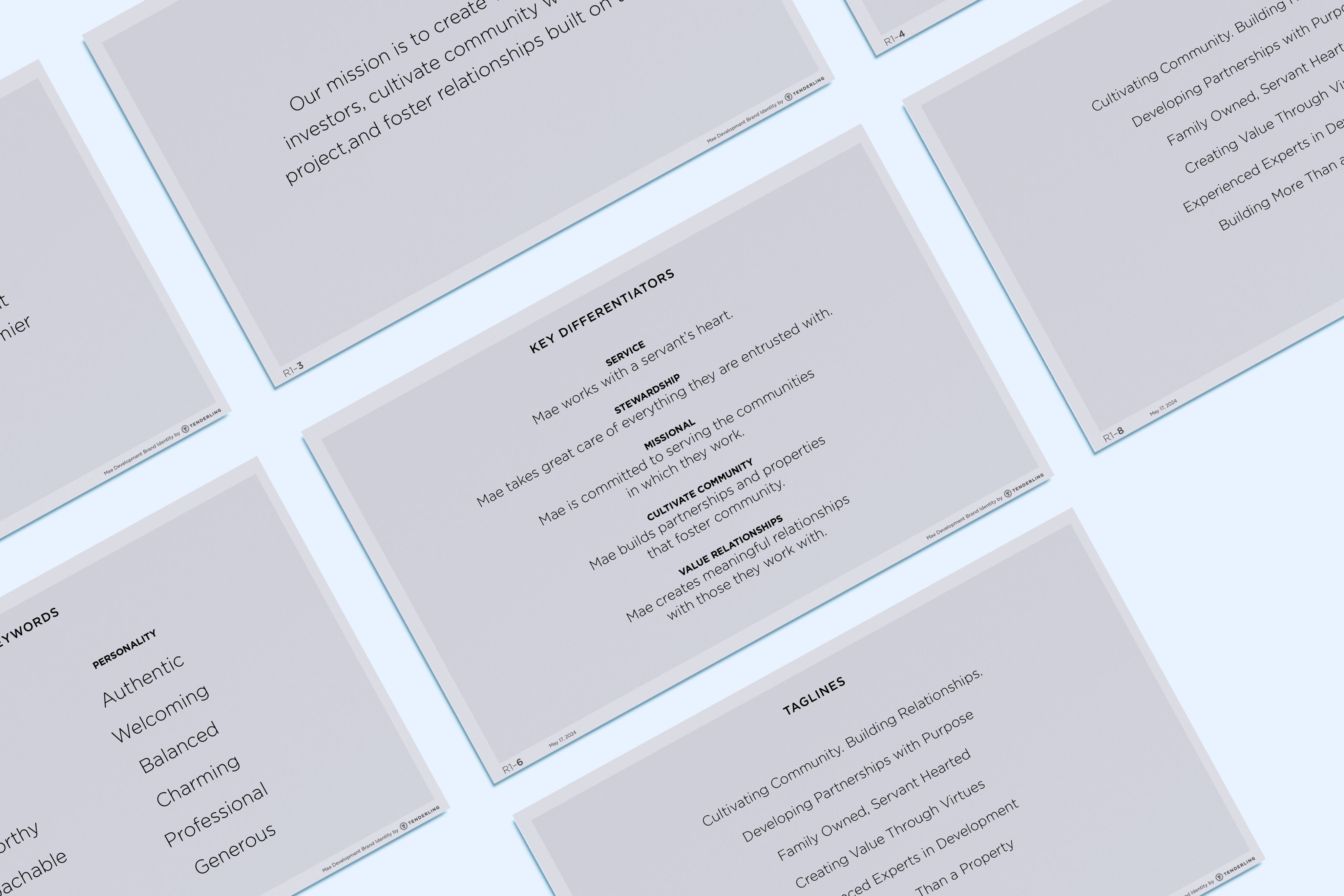 Overhead view of several presentation slides with text about mission statements, key differentiators, core values, and team roles on a light blue background.