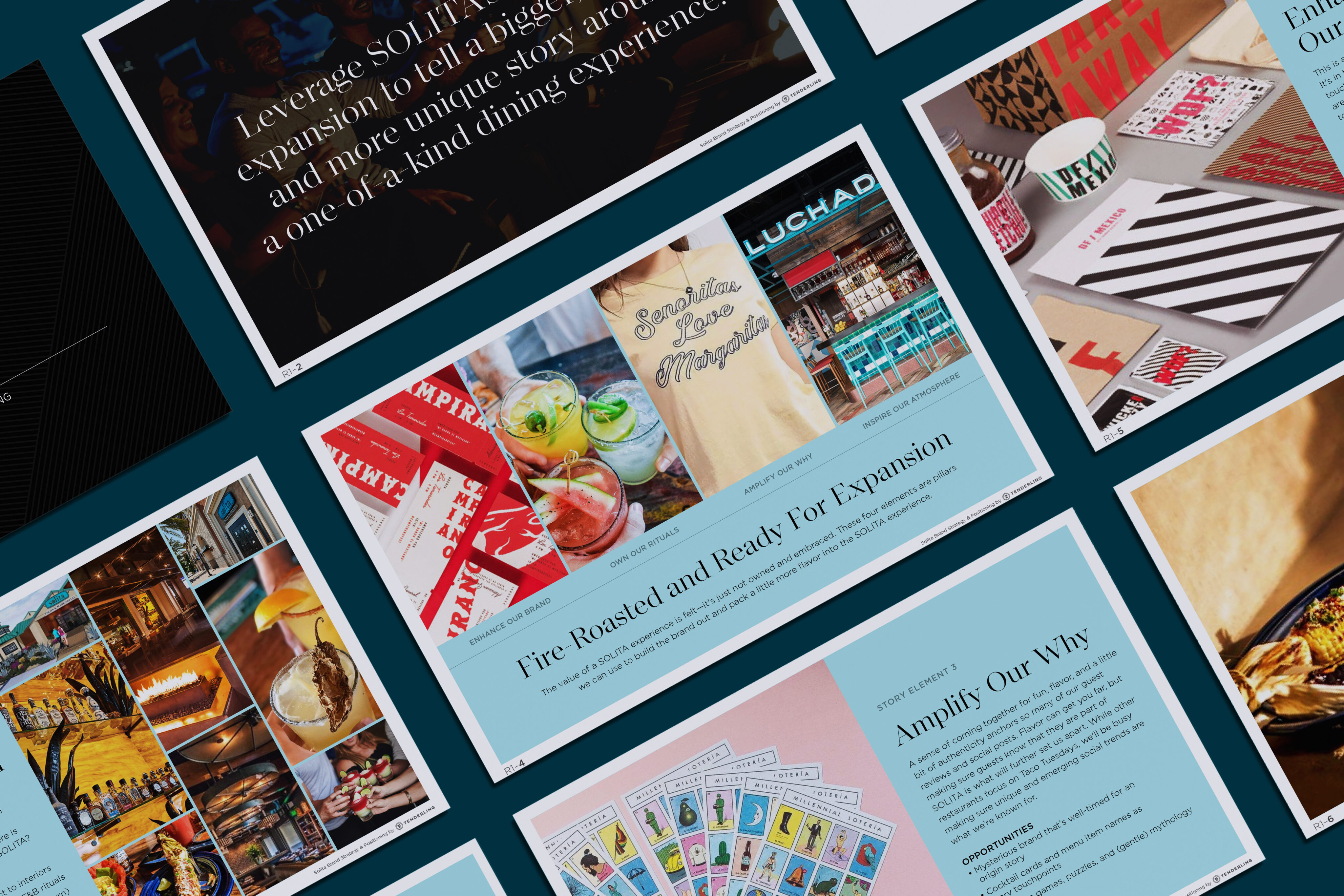 Several presentation slides with images of food, drinks, merchandise, and text about branding, marketing strategies, and business expansion are displayed on a blue surface.
