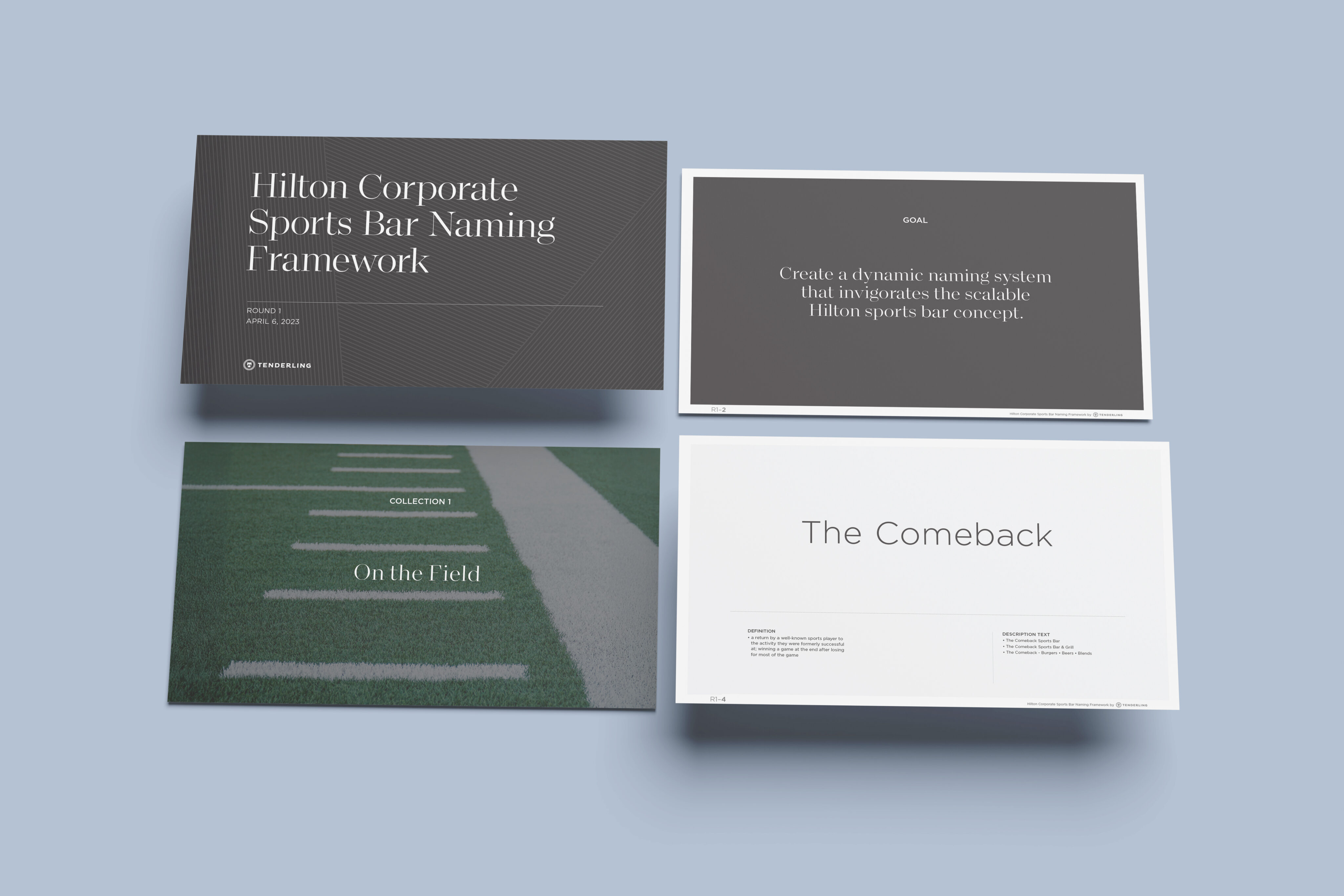 Four slides on a light blue background show a sports bar naming framework for Hilton, including titles, a goal statement, and an image of a football field with the text "On the Field.