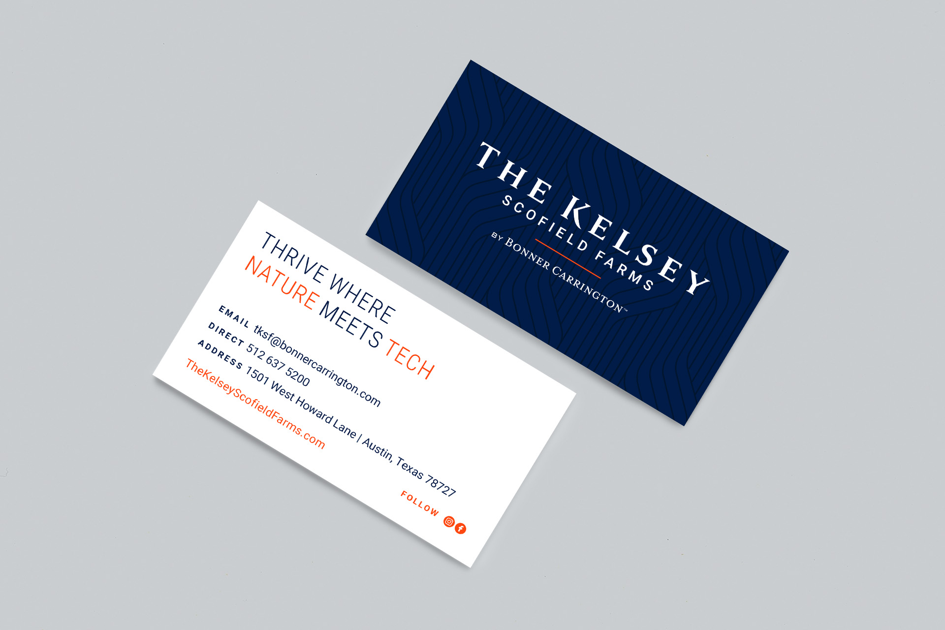 Two business cards for The Kelsey Scofield Farms are displayed on a light gray background, showing contact details and the slogan "Thrive Where Nature Meets Tech.