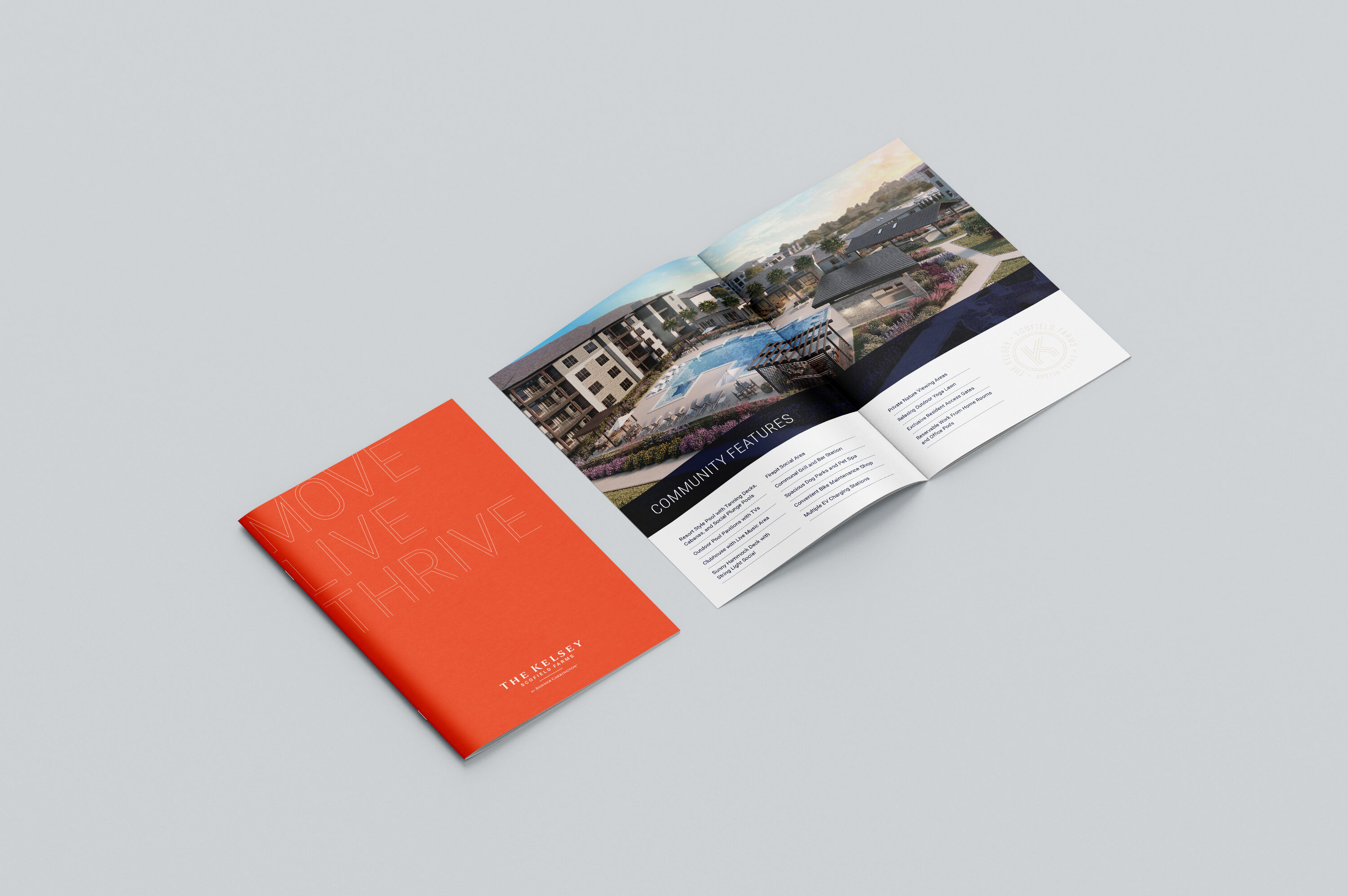 Two brochures are shown: one closed with an orange cover reading "MOVE LIVE THRIVE," and one open displaying text and images of a residential community and pool.