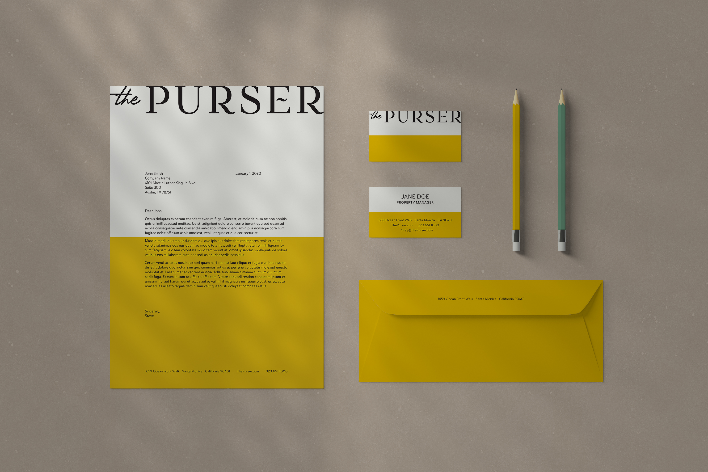 A yellow and white branded stationery set with letterhead, envelope, business card, notecard, and two green pencils on a neutral background. The brand name "The Purser" is visible.