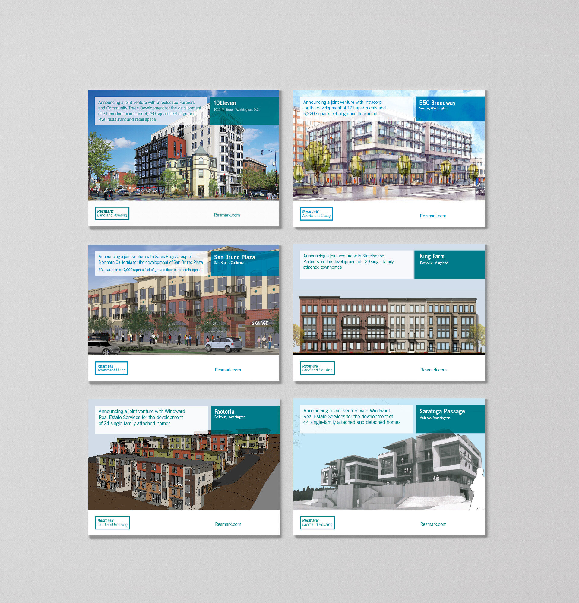 A layout of six informational cards featuring images and details of various residential and commercial building projects on a light grey background.