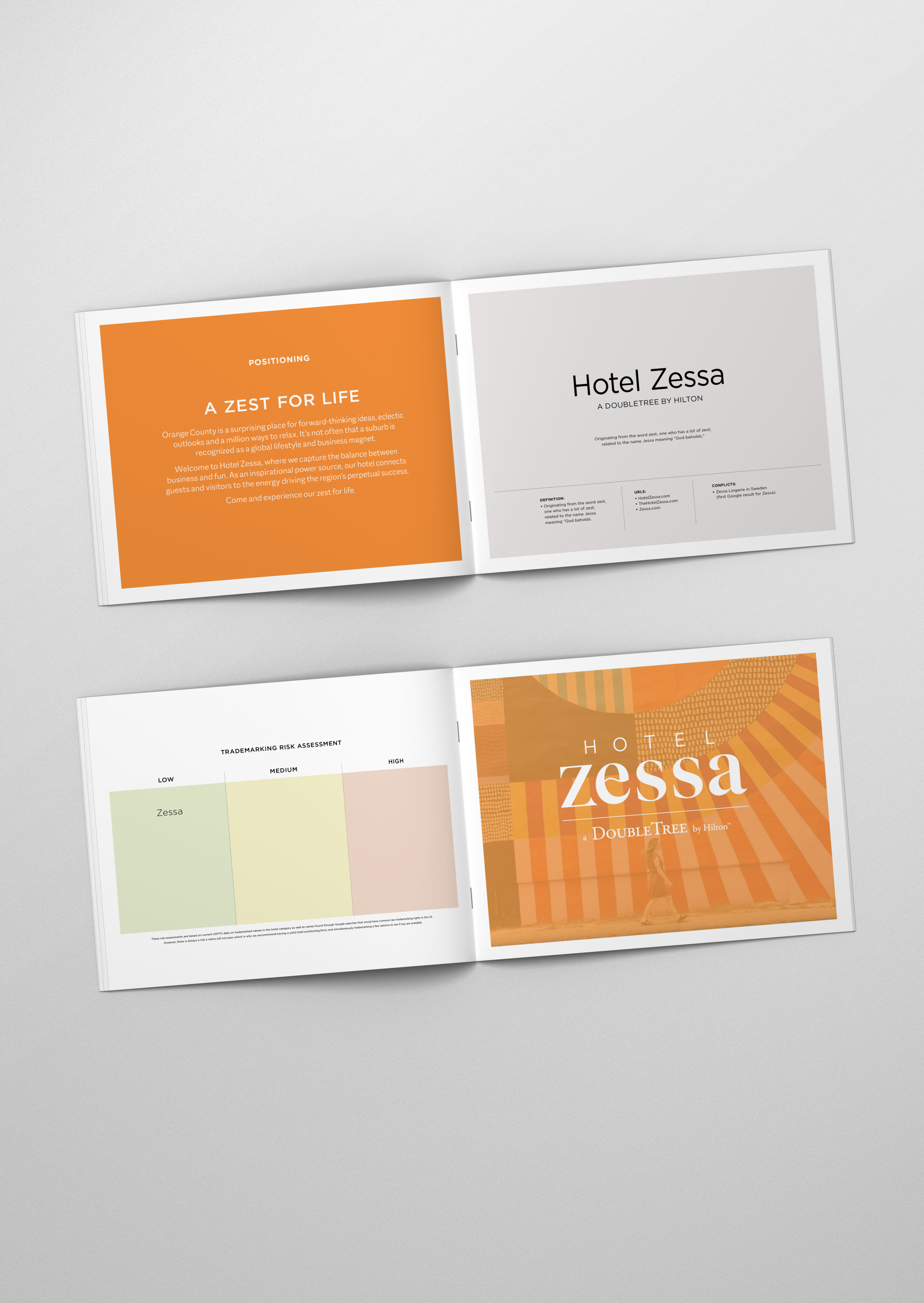 Four open booklets displayed on a light surface, showcasing branding materials and guidelines for Hotel Zessa, including text, color palettes, and logo designs.
