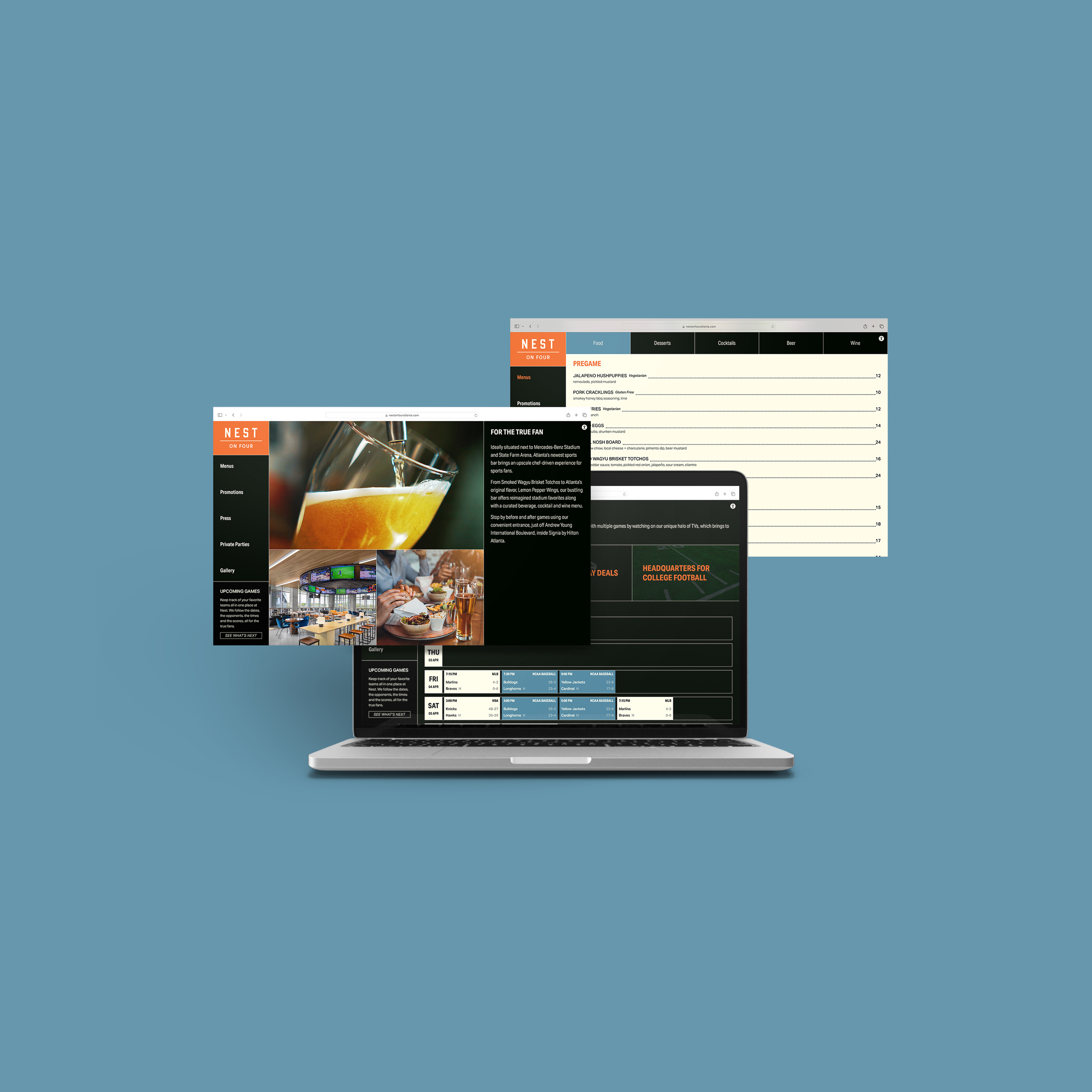 A laptop displaying a restaurant website interface, with additional floating screens showing various sections of the site, on a plain blue background.