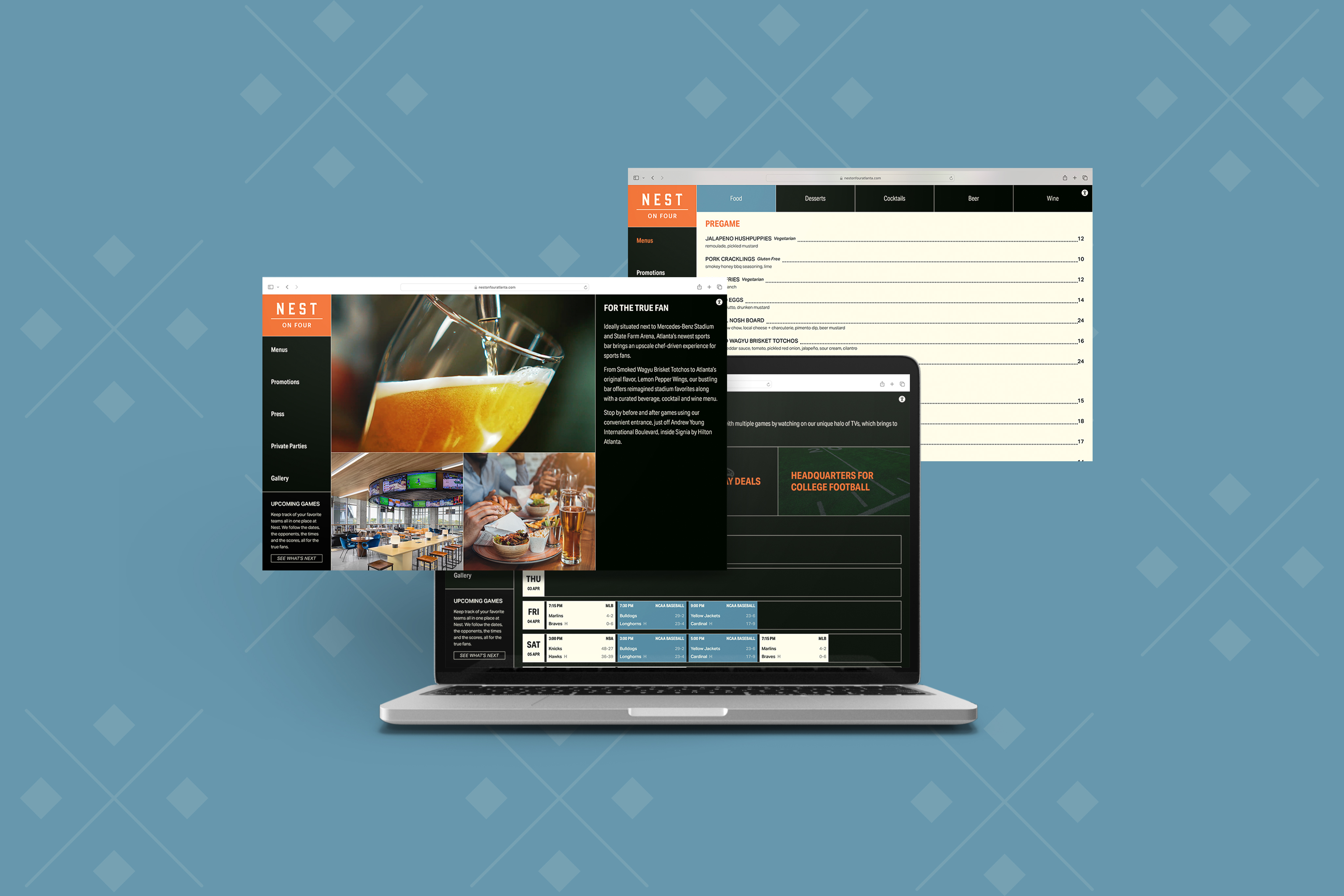 A laptop displays a restaurant website with images of drinks and a dining area, overlaid by two additional website interface windows on a blue patterned background.