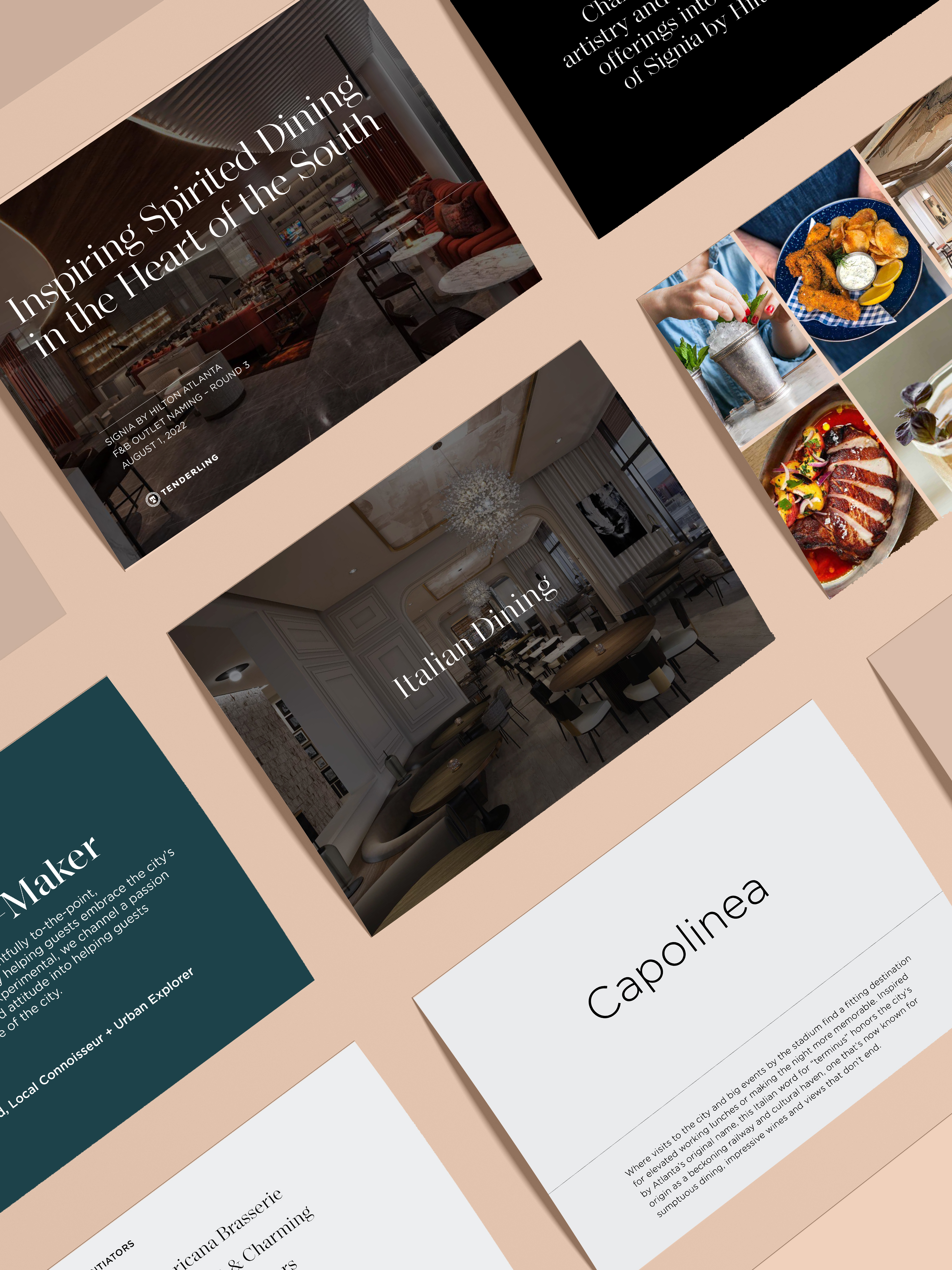 A flat lay of various restaurant and food-themed cards displayed on a beige surface, featuring images, text, and different design layouts.