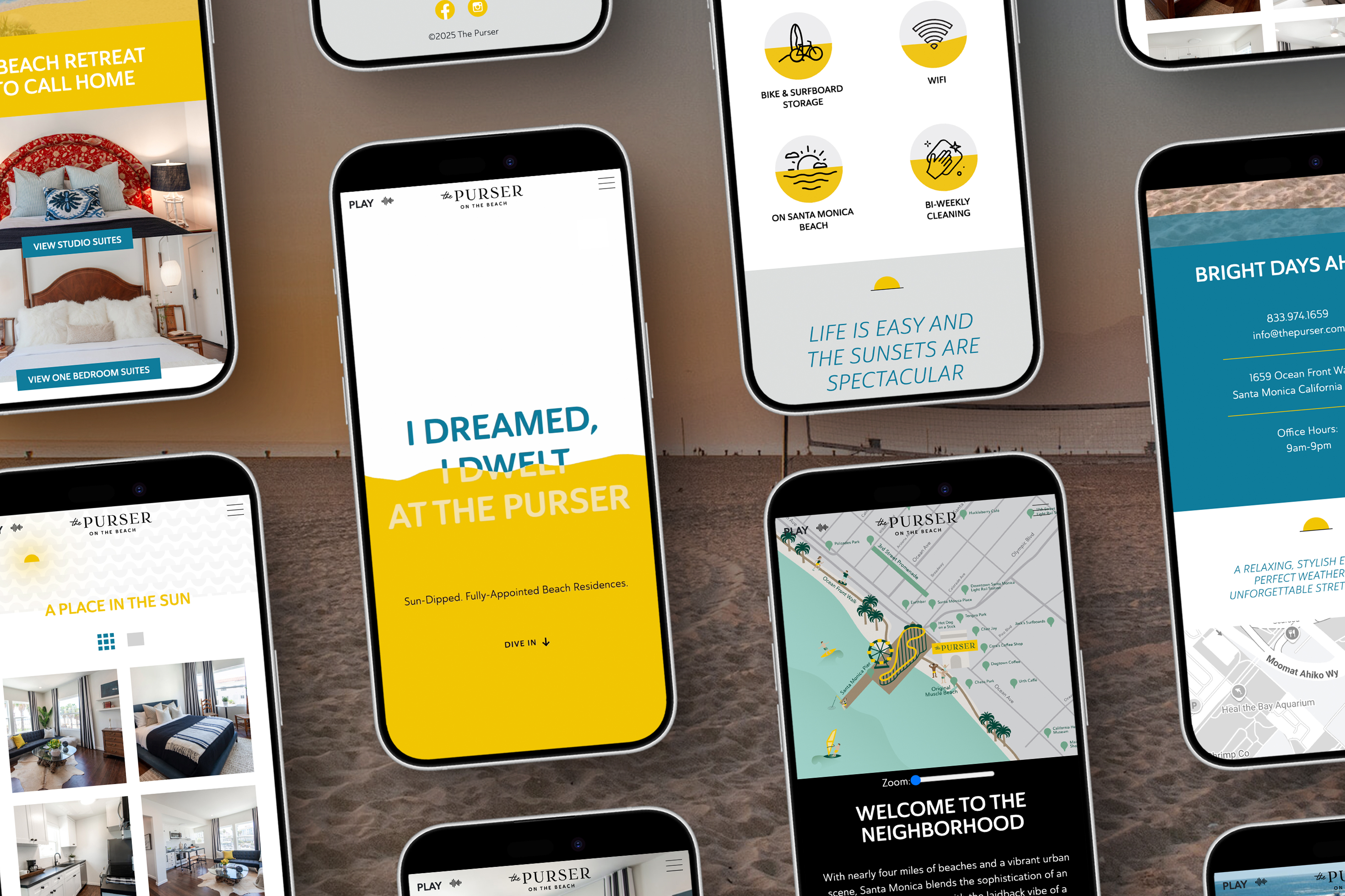 Photo shows multiple smartphones displaying a yellow and white themed beachside real estate website, featuring property listings, map, amenities, and sunset imagery.