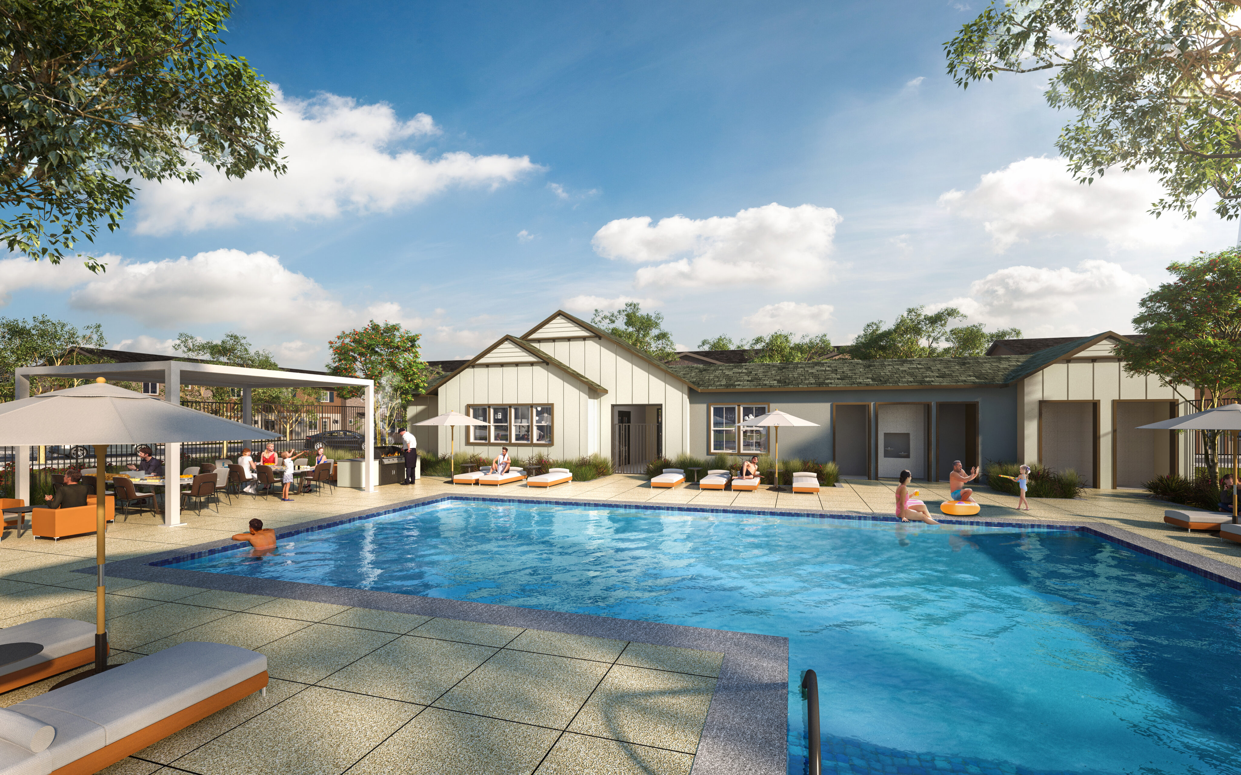 Outdoor swimming pool area with lounge chairs, umbrellas, and people swimming or relaxing; modern building and clear sky in the background.