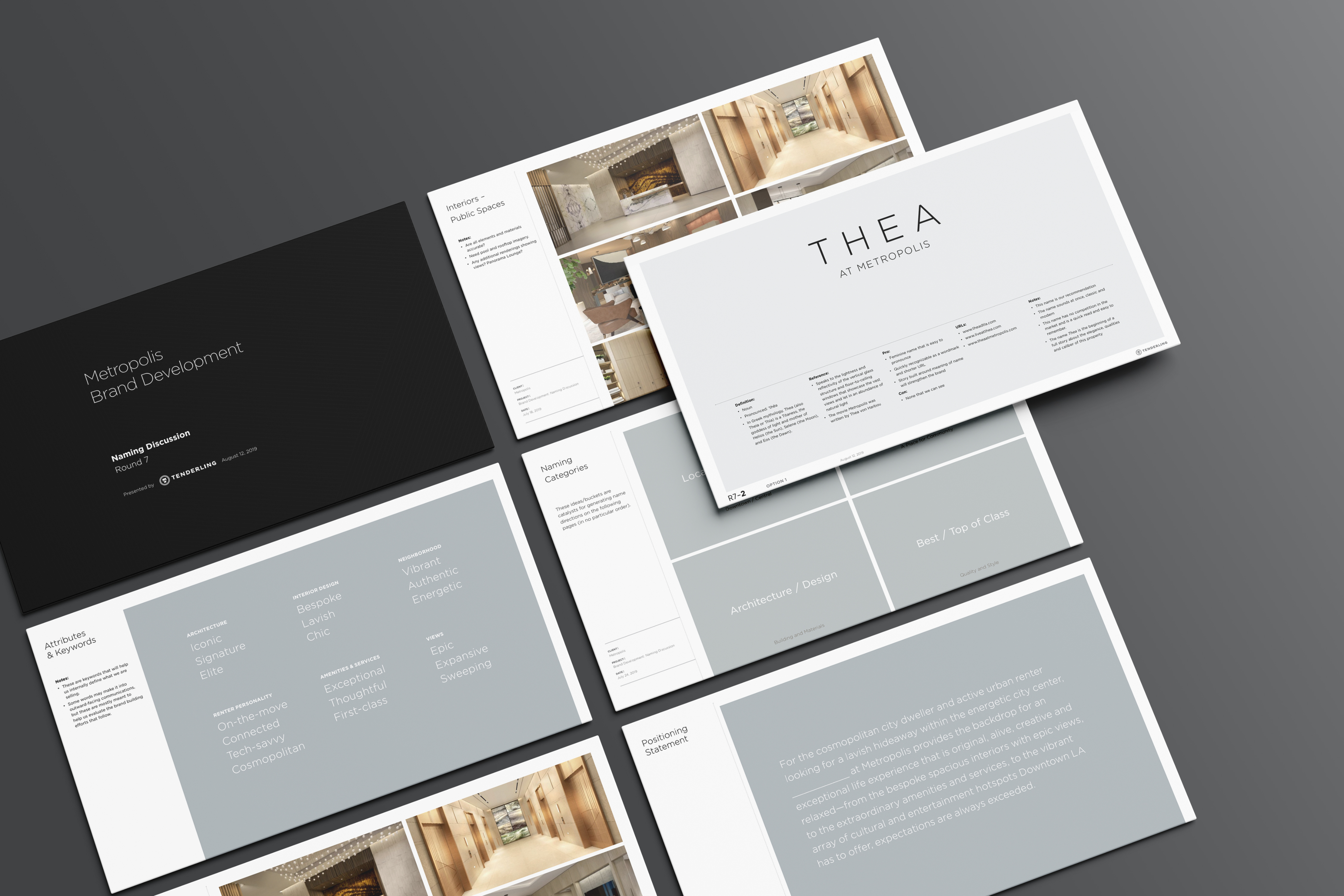 An overhead view of several branding presentation slides for "THEA at Metropolis," featuring text, images of interiors, and project details on gray and white backgrounds.