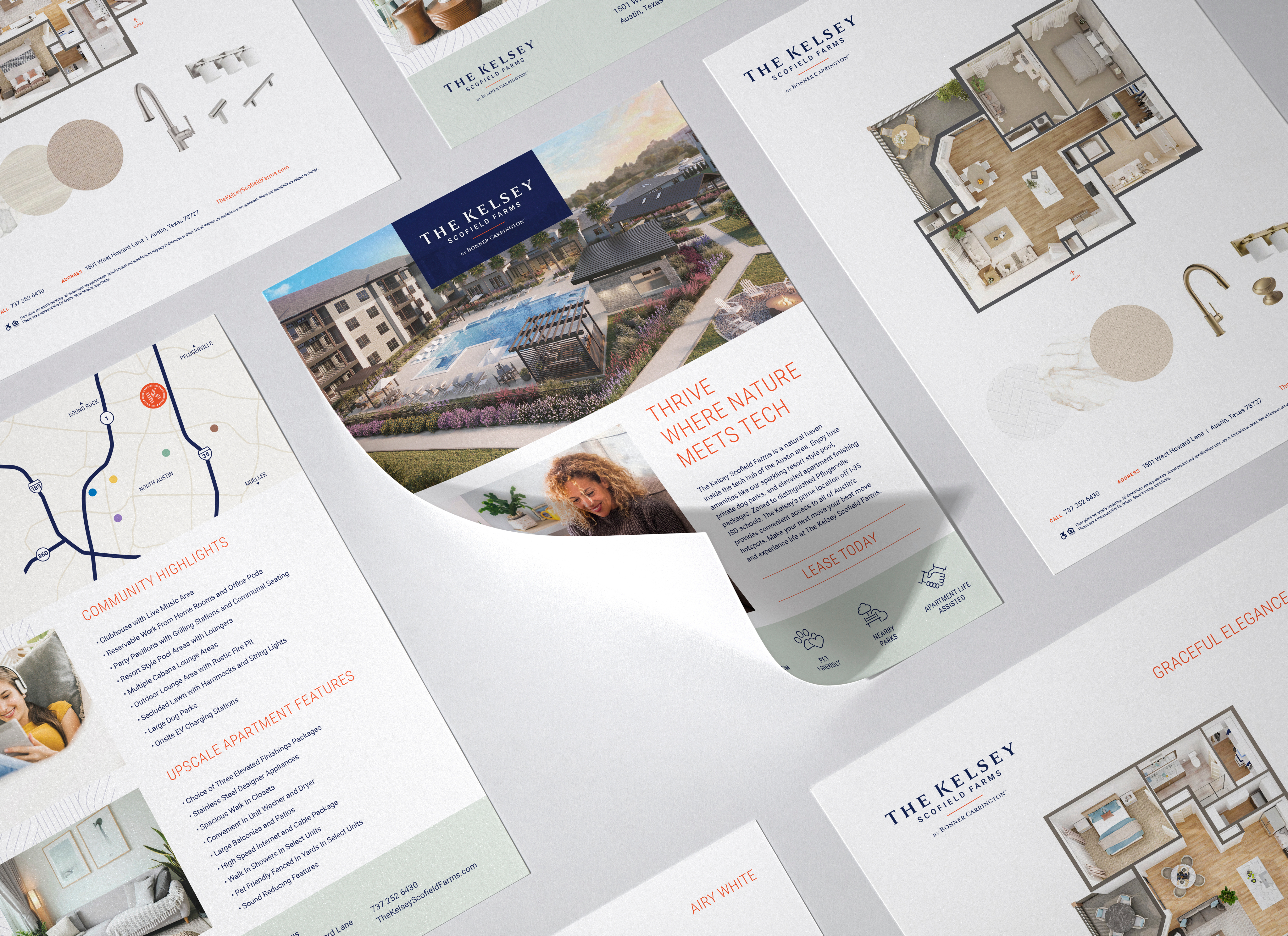 A collection of printed brochures and floor plans for The Kelsey Apartments, featuring images, a site map, amenities, and listings for community and apartment features.