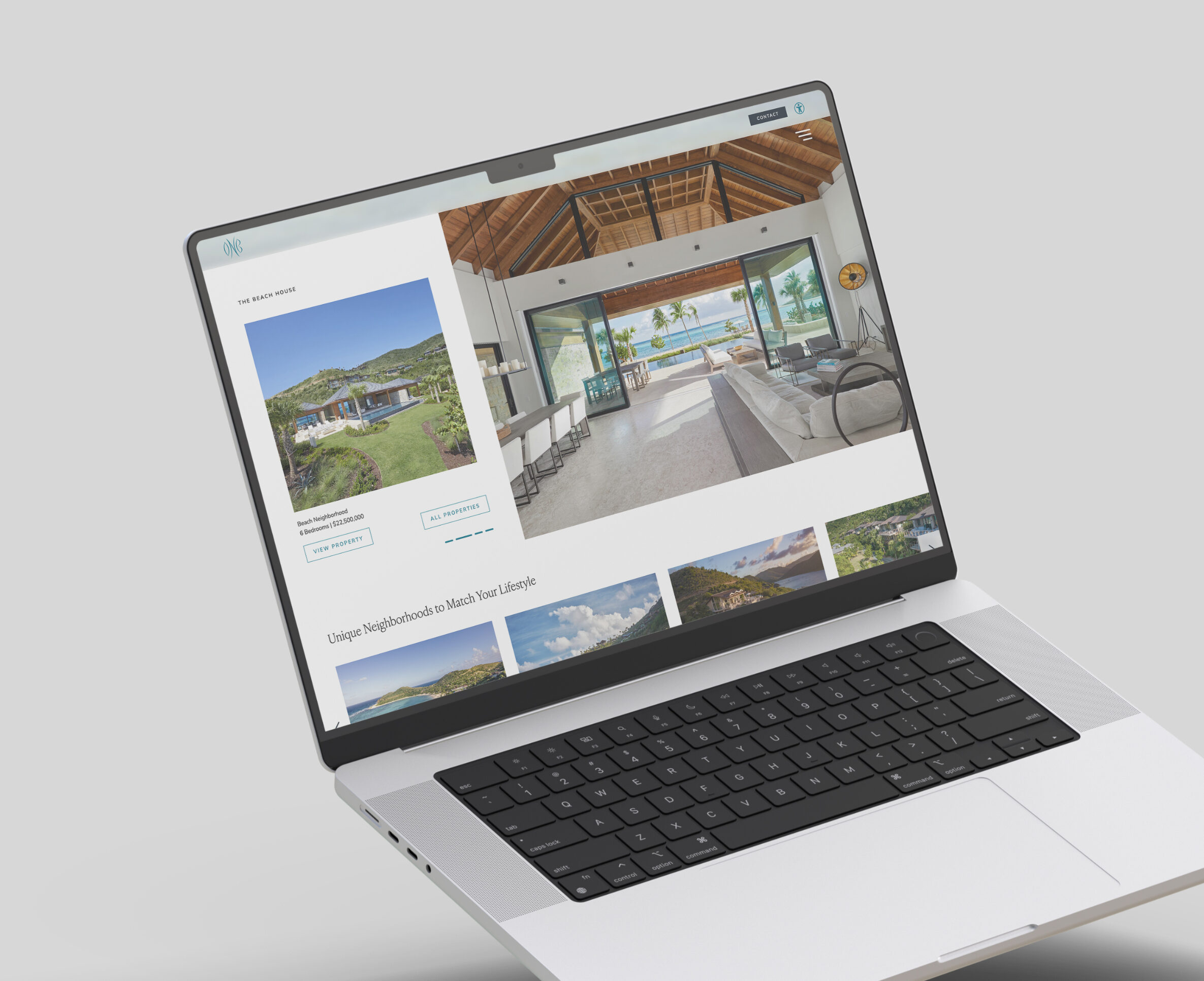A silver laptop is floating against a light gray background, displaying a real estate website with images of houses and interior spaces on its screen.