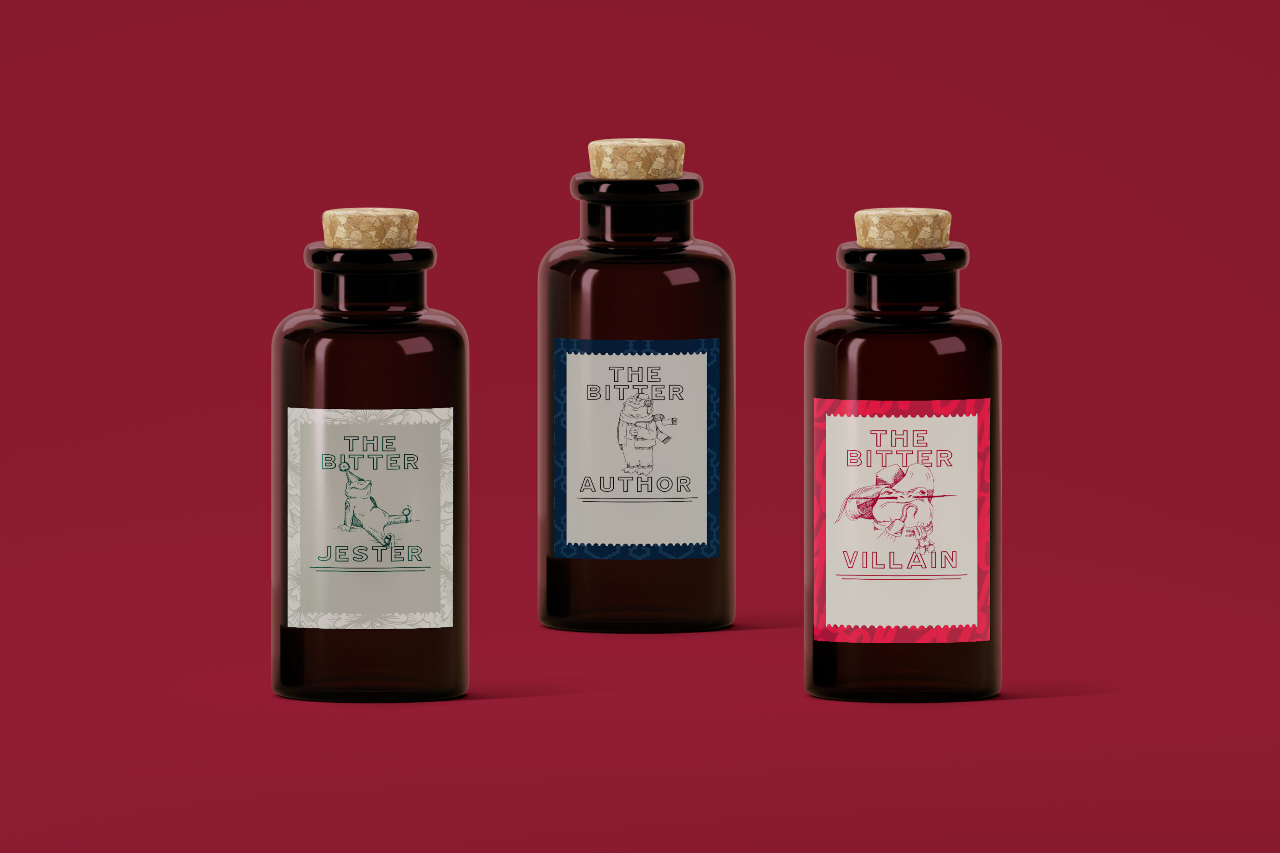 Three dark glass bottles with cork stoppers are labeled "The Bitter Jester," "The Bitter Author," and "The Bitter Villain" against a solid red background.