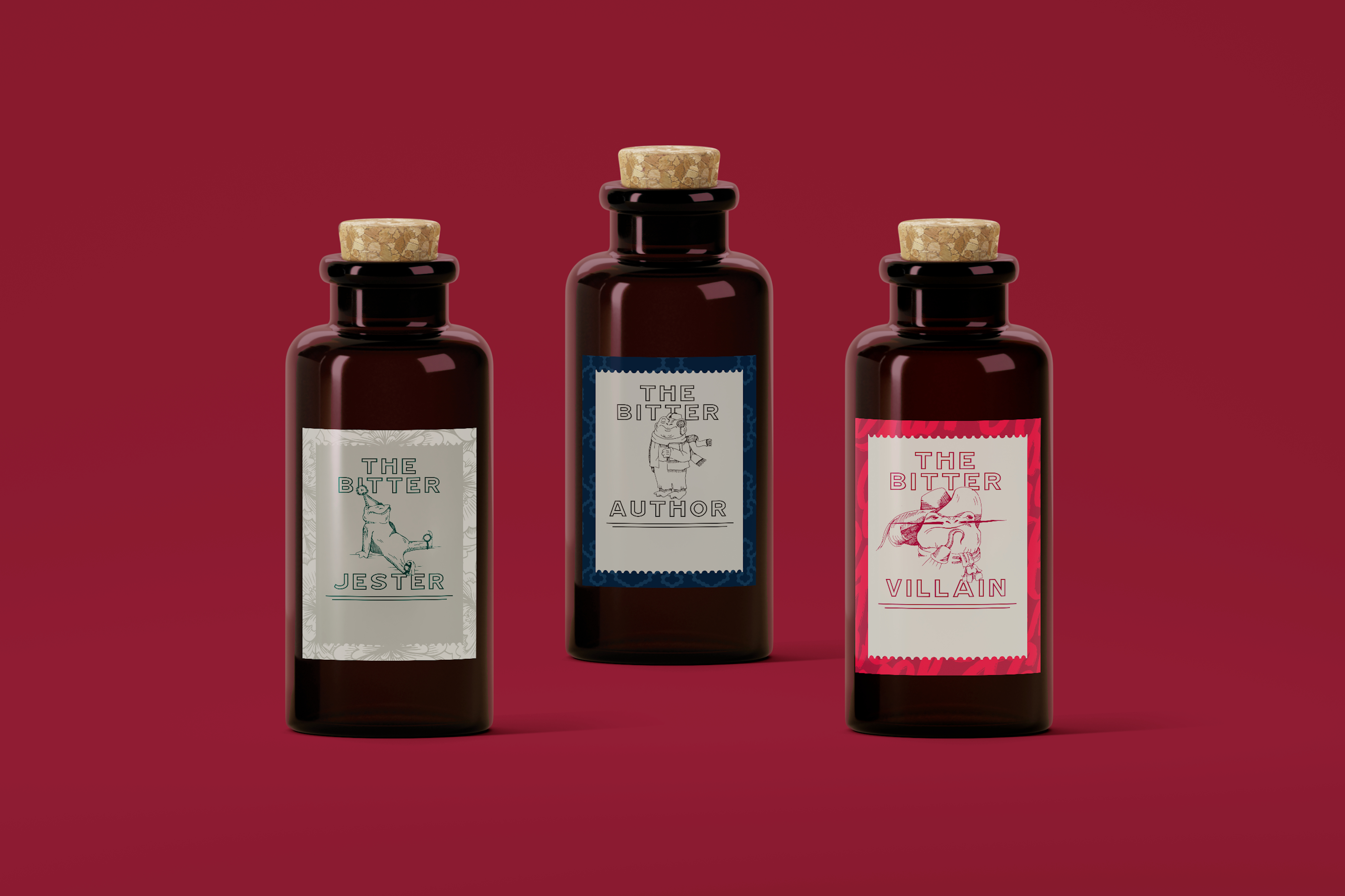 Three dark glass bottles with cork stoppers are labeled "The Bitter Jester," "The Bitter Author," and "The Bitter Villain" against a solid red background.