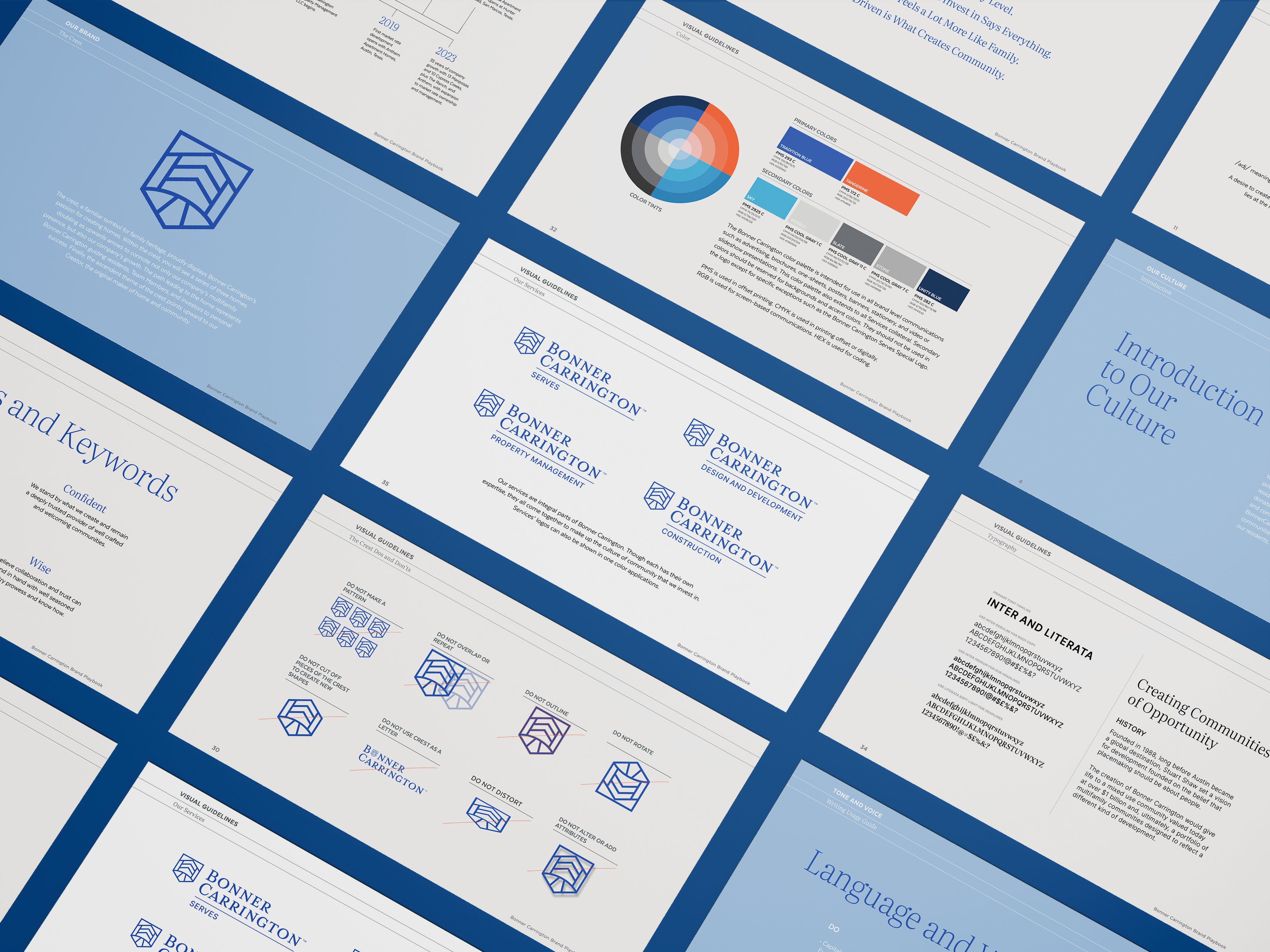 Multiple pages of a brand guideline document are displayed, showcasing logos, color palettes, typography, and branding instructions on a blue background—highlighting comprehensive brand strategy and design solutions.