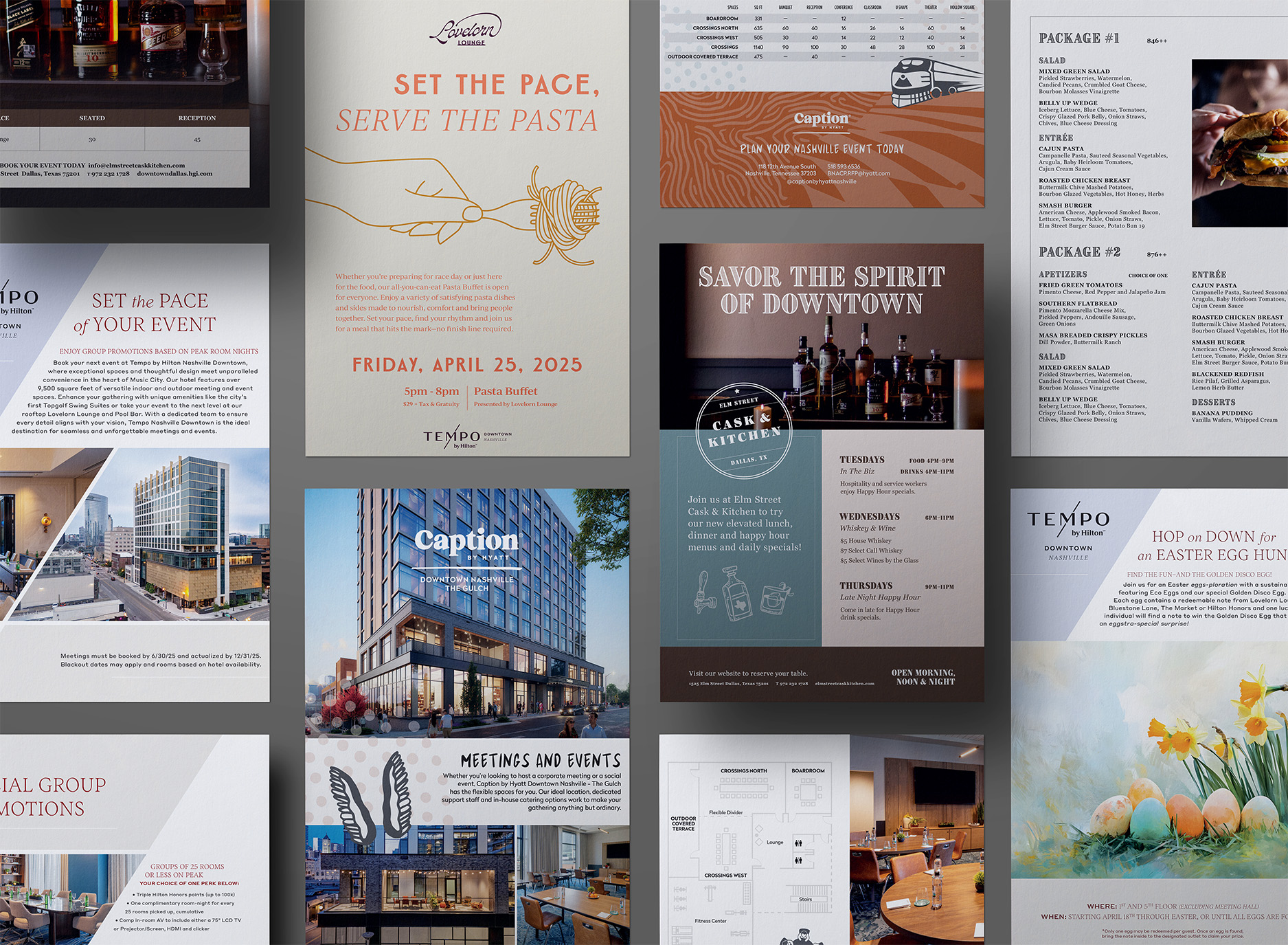 A collage of promotional flyers and menus for various restaurants and event spaces, showcasing food, beverages, meeting rooms, and event packages with images and text.