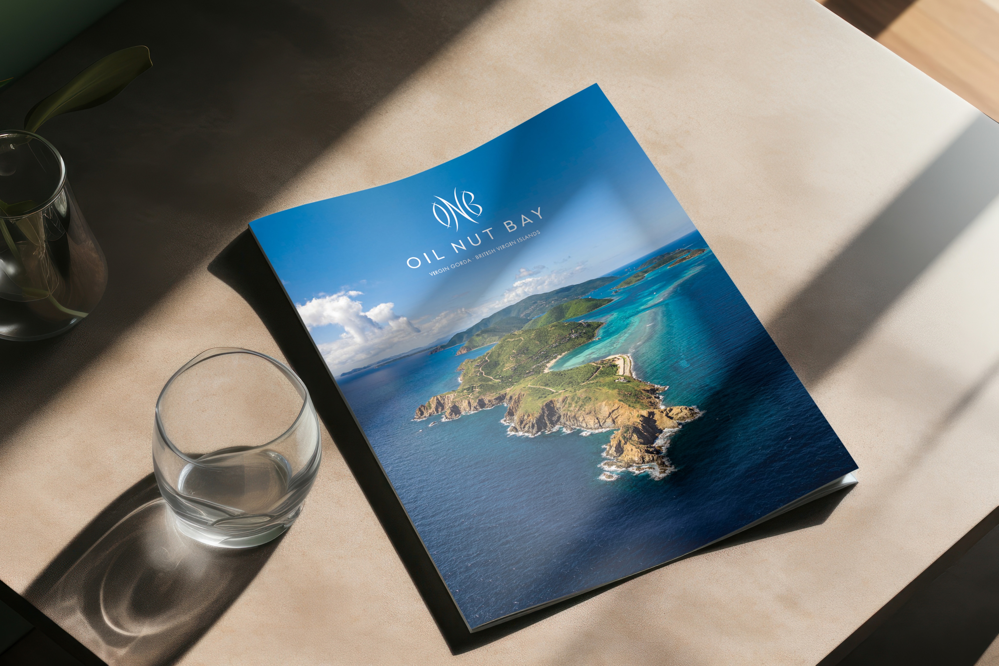 A brochure titled "Oil Nut Bay," showcasing an aerial view of a coastal landscape, lies on a table next to a glass of water—an inspiring example of brand strategy and design solutions in print.