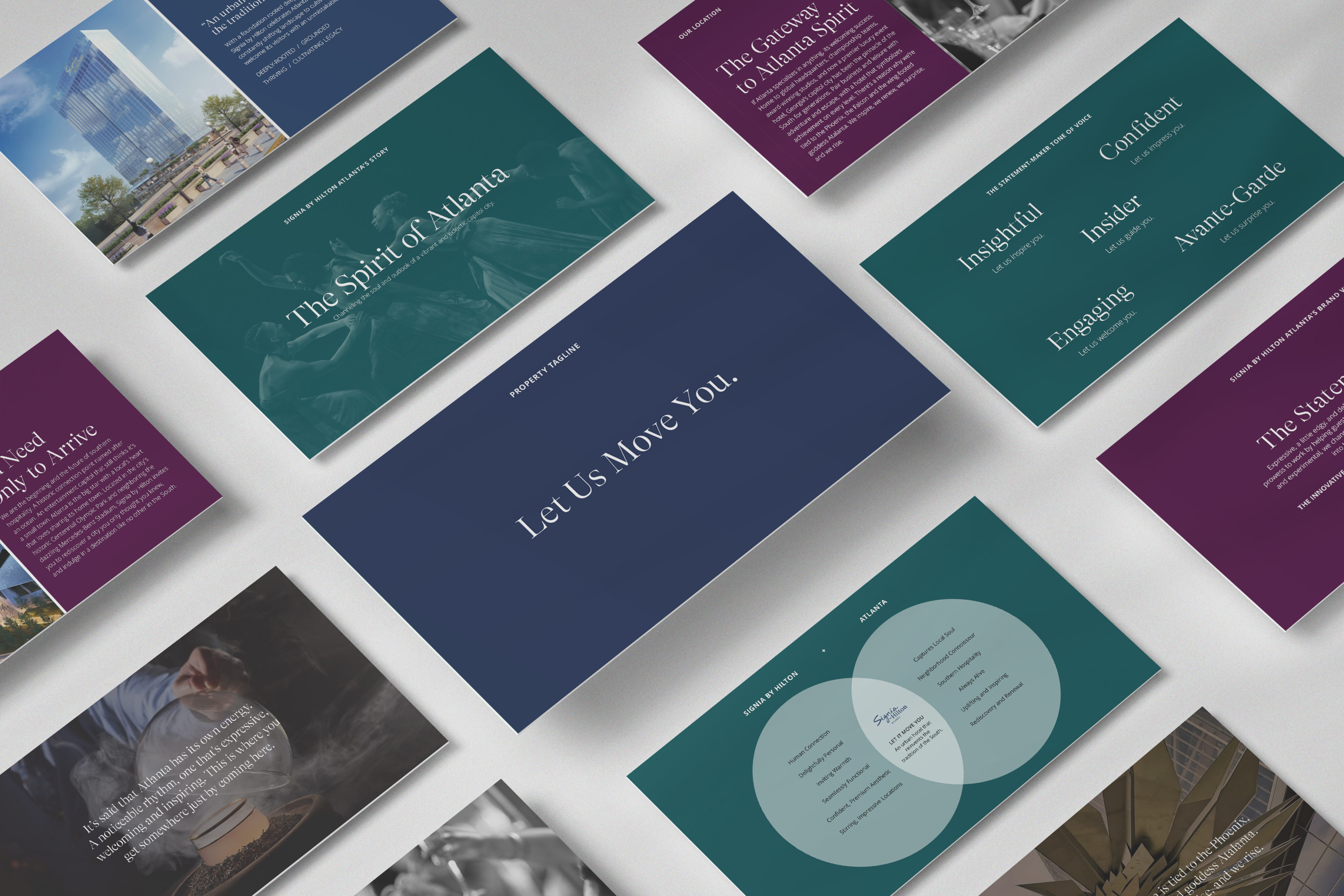 A layout of printed marketing materials and presentation slides in blue, green, and purple tones, featuring text about Atlanta and various architectural and business-related images.