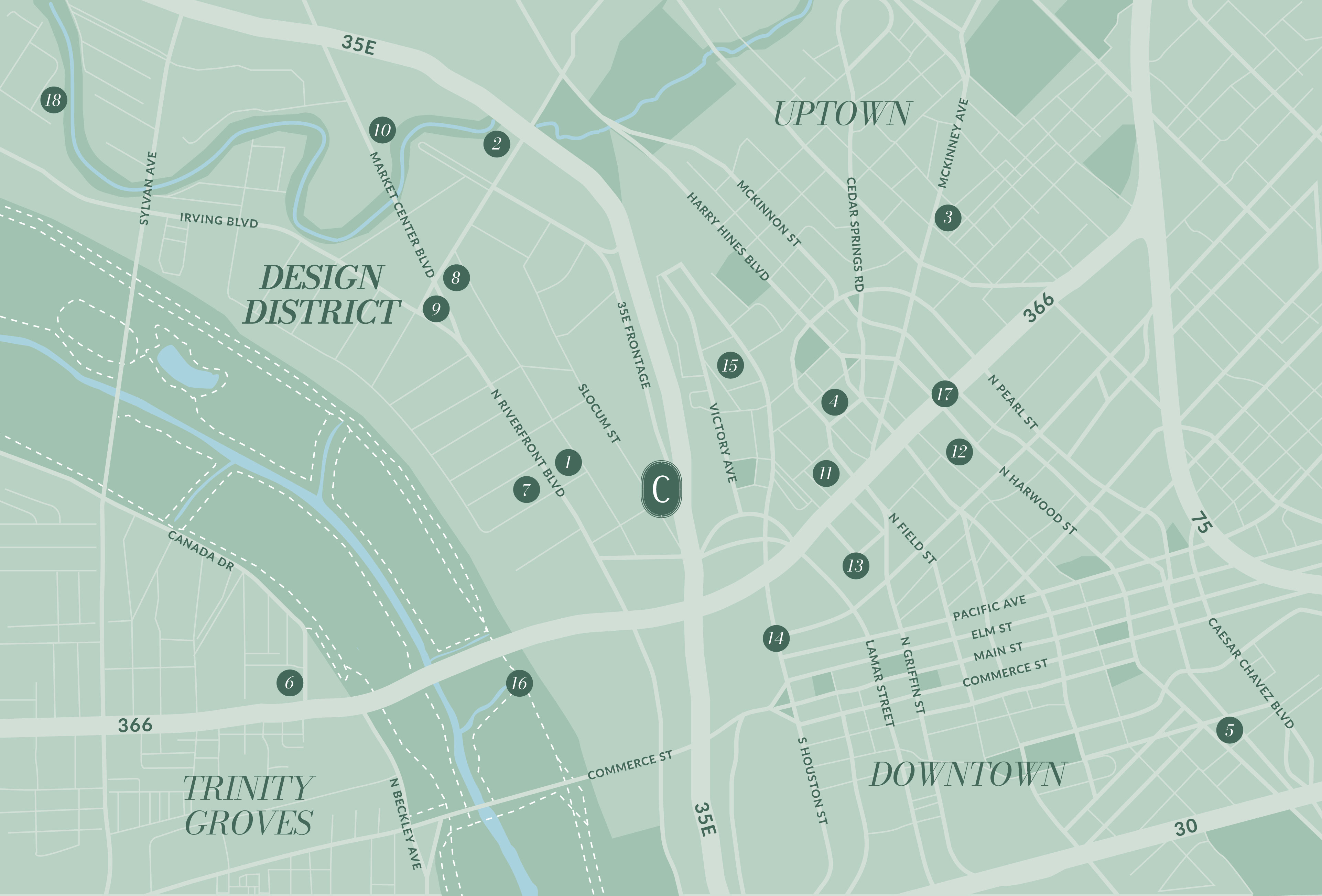 A stylized map showing the areas of Design District, Uptown, Trinity Groves, and Downtown, with labeled streets and numbered locations.