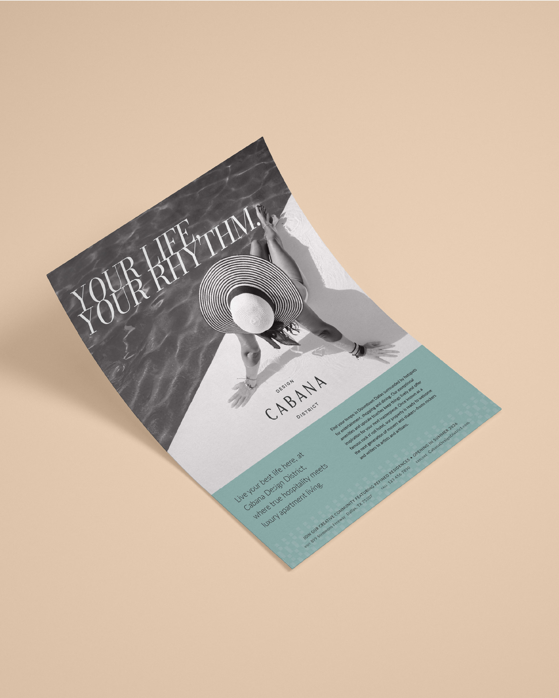 A flyer featuring a black-and-white image of a woman in a striped sunhat lounging by a pool, with the text "YOUR LIFE. YOUR RHYTHM." and Cabana residential branding.