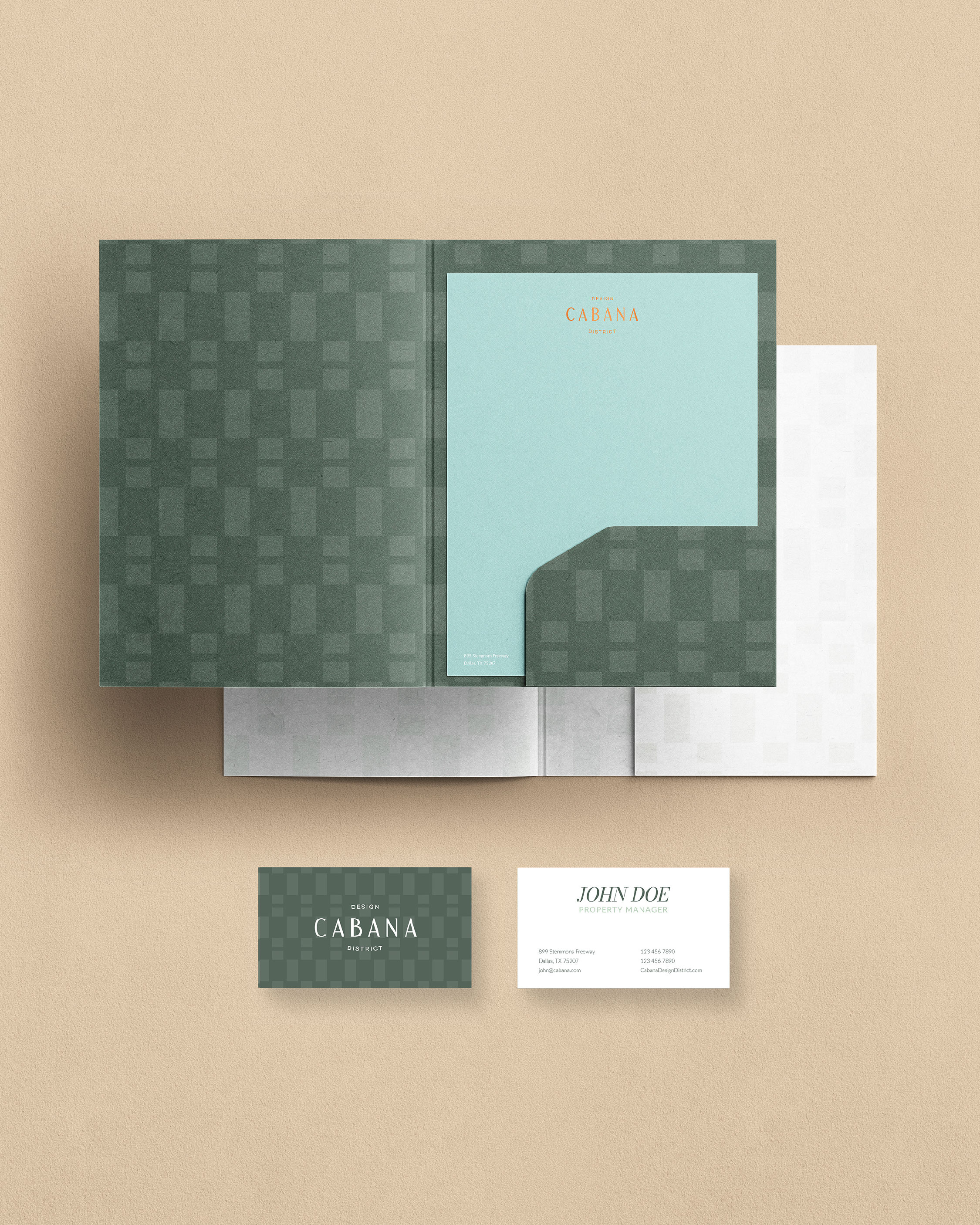 A green folder with a checker pattern, matching business cards, and letterhead on a beige background; all branded with "Hotel Cabana" and minimalist typography.