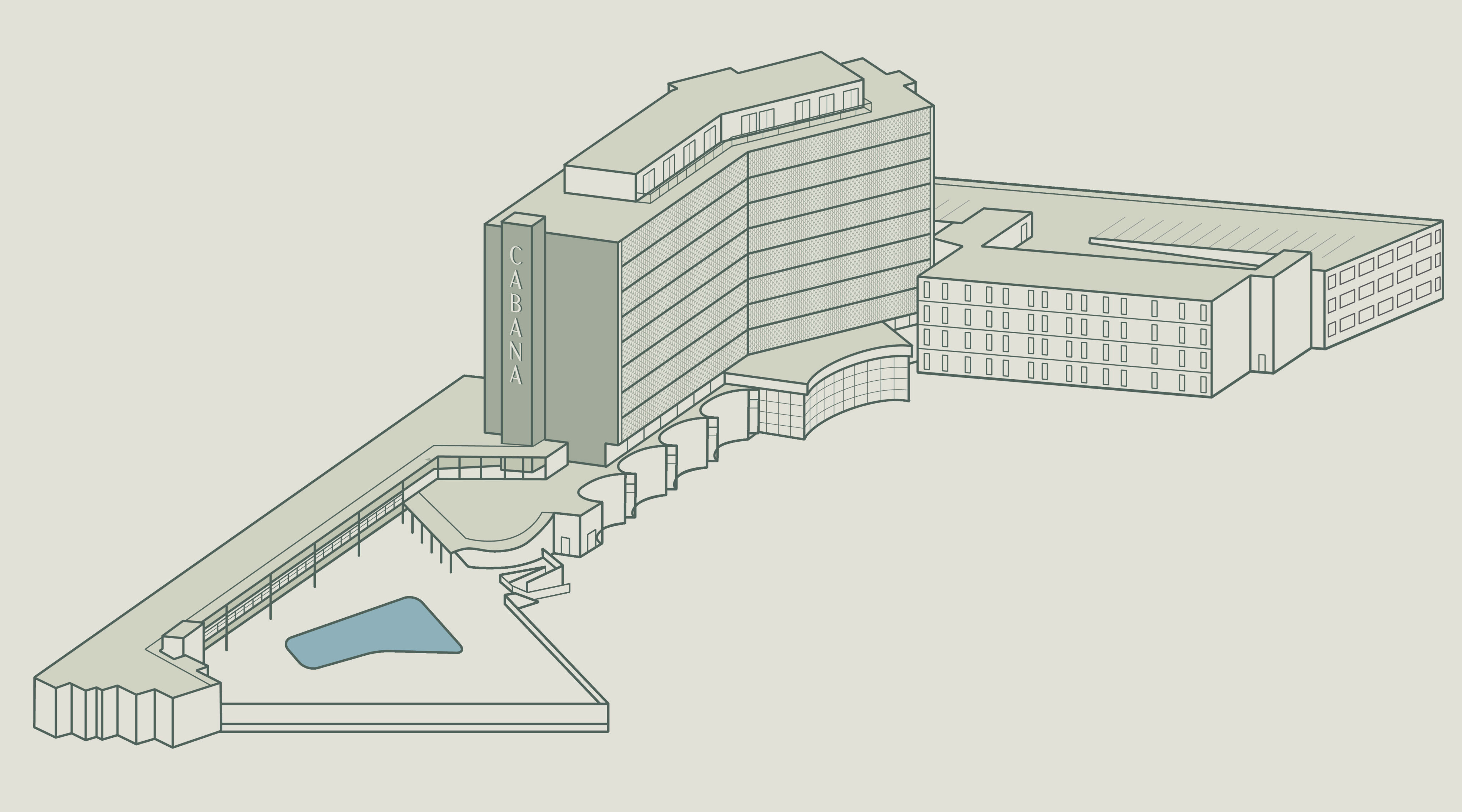 Isometric illustration of a multi-story hotel building with a pool area outside and a large vertical sign reading “Cabana” on the corner.