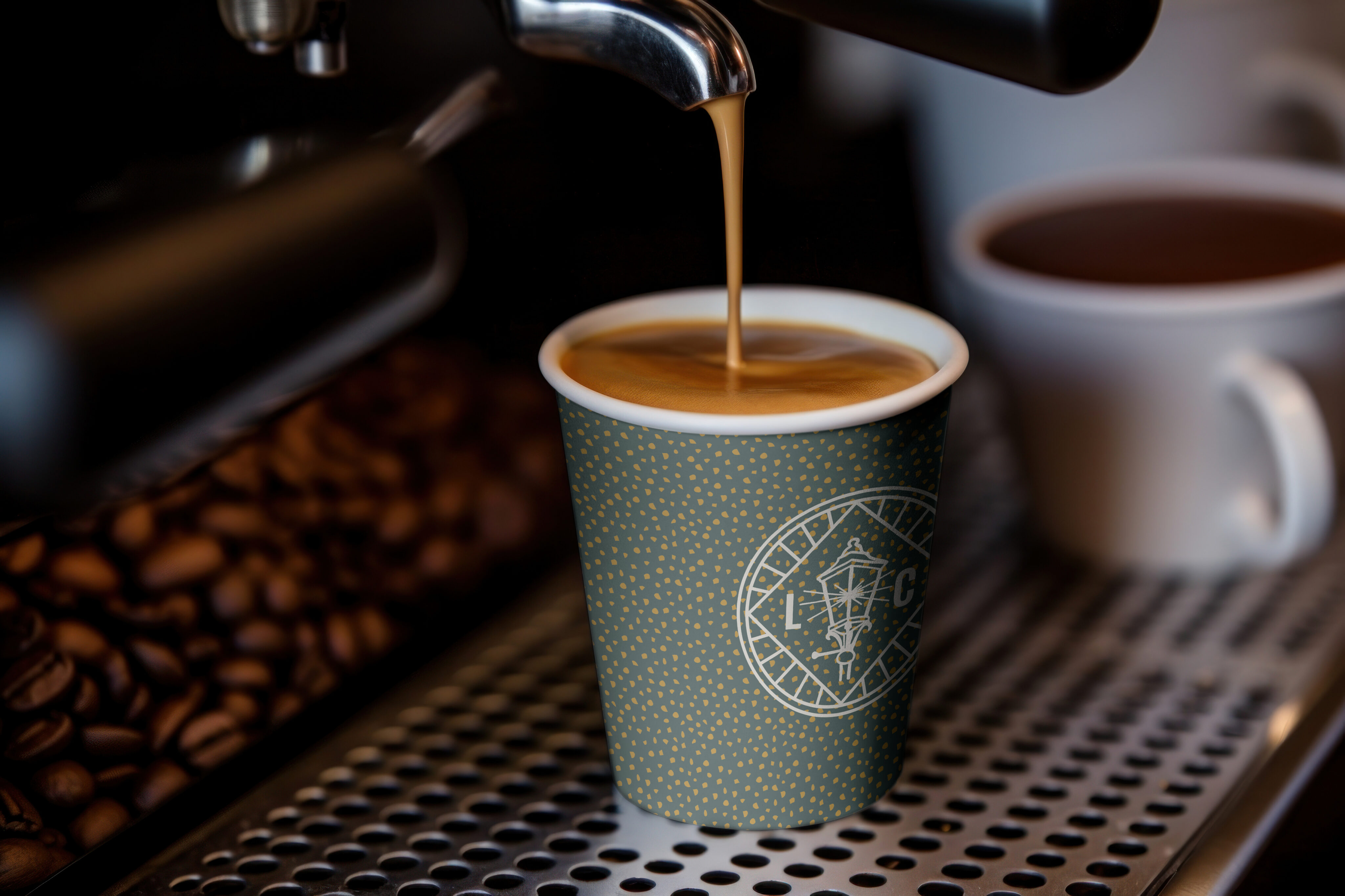A paper cup is being filled with coffee from an espresso machine, with coffee beans and another cup visible in the background.