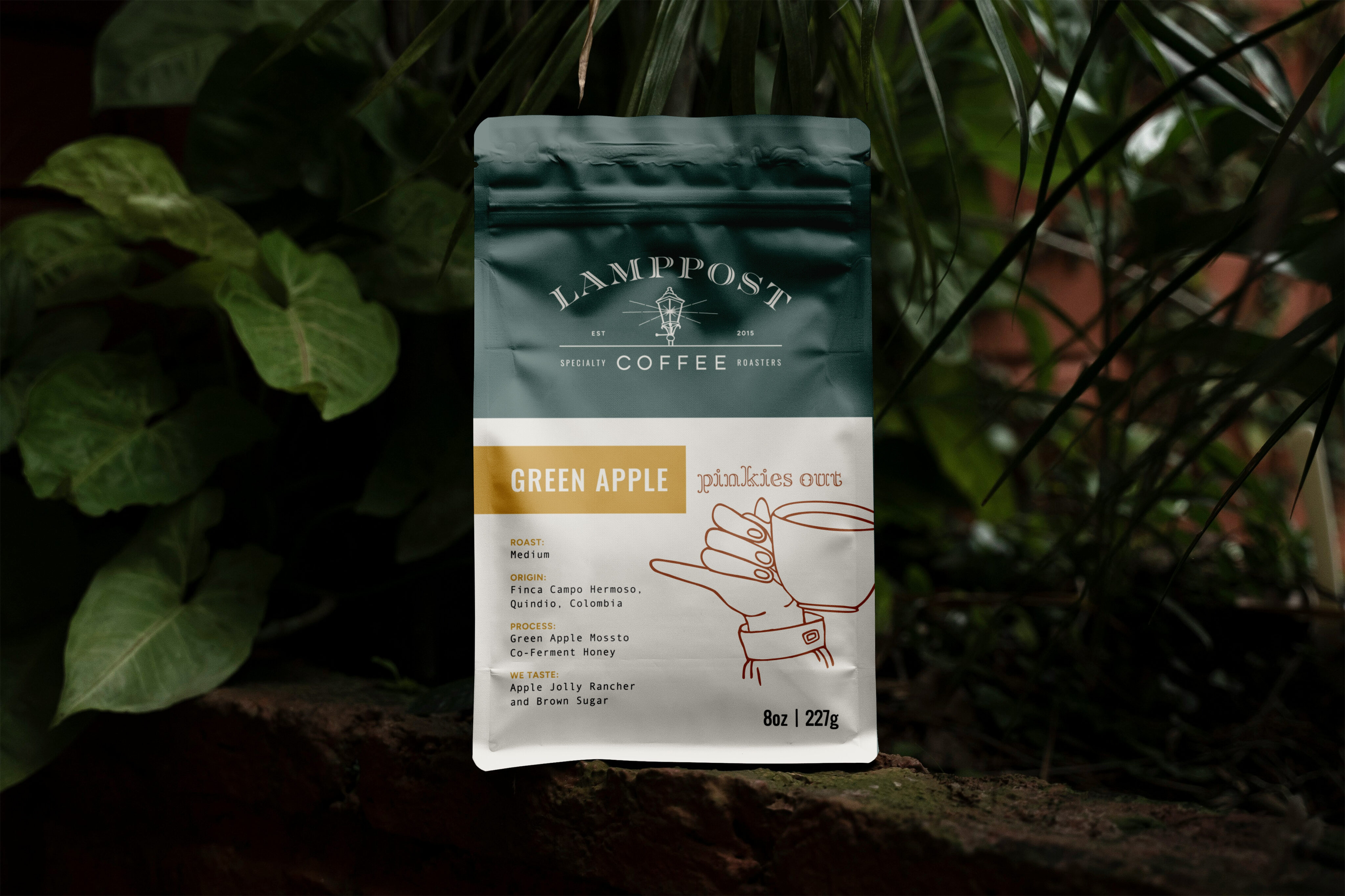 A bag of Lamppost Coffee labeled "Green Apple" sits outdoors on a brick surface, surrounded by green plants. The packaging highlights tasting notes and origin details.