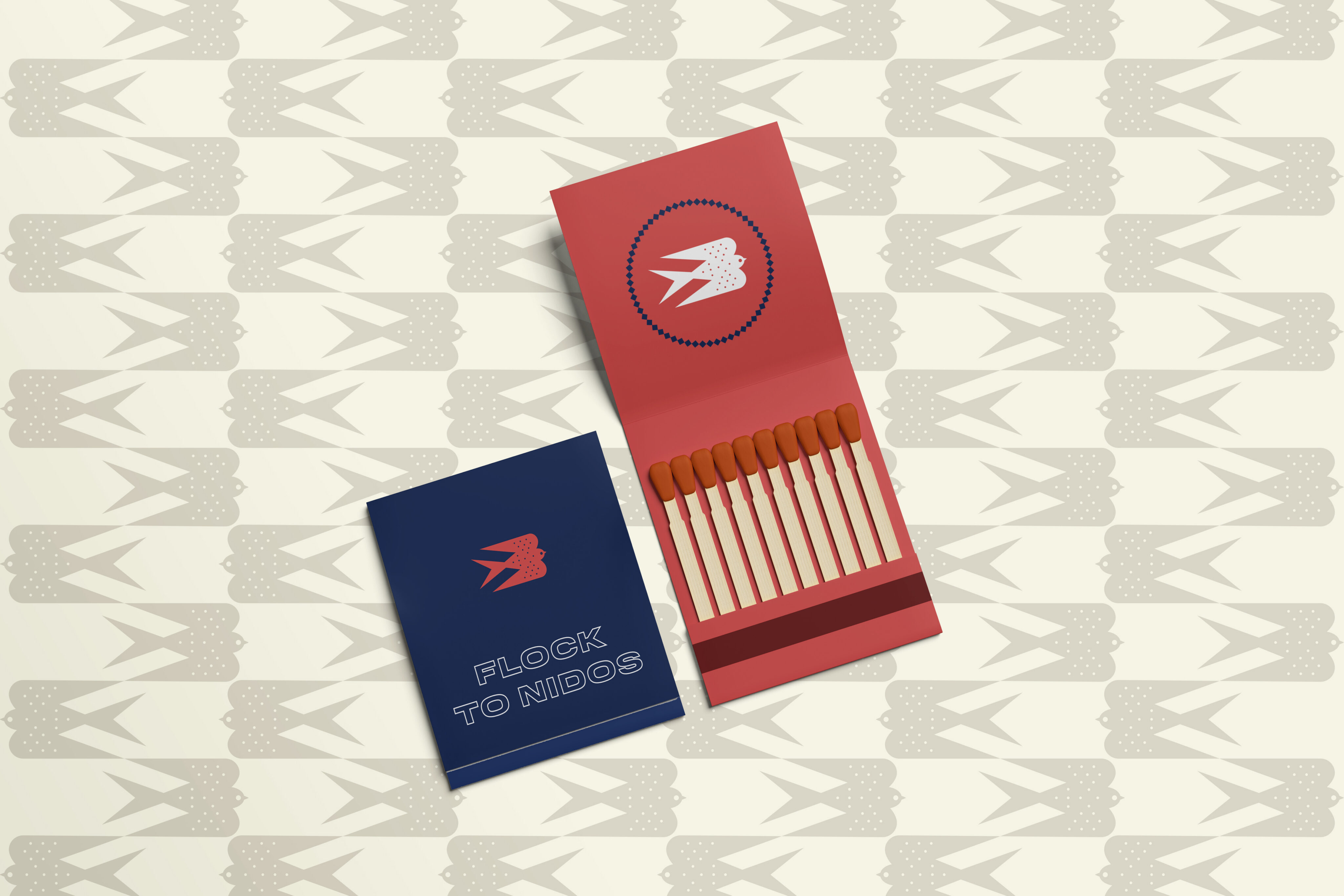 Two matchbooks with red-tipped matches; one is closed, featuring a bird and "Flock to Nidos" text, the other is open. Background shows a repeating bird pattern.