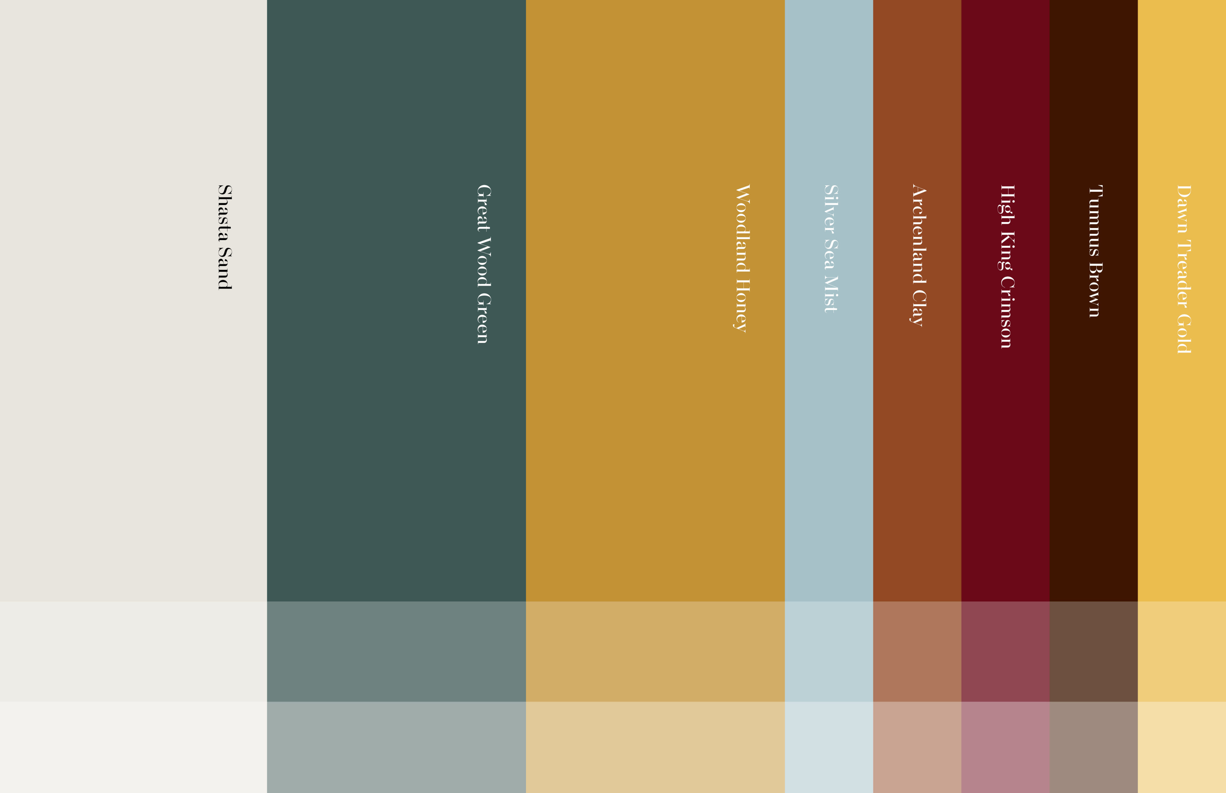 Vertical color swatches labeled Shiaba Sand, Great Wood Green, Woodland Ivory, Silver Sea Mist, Merchantile Clay, High Ridge Crimson, Tumeric Brown, and Dawn Treader Gold.