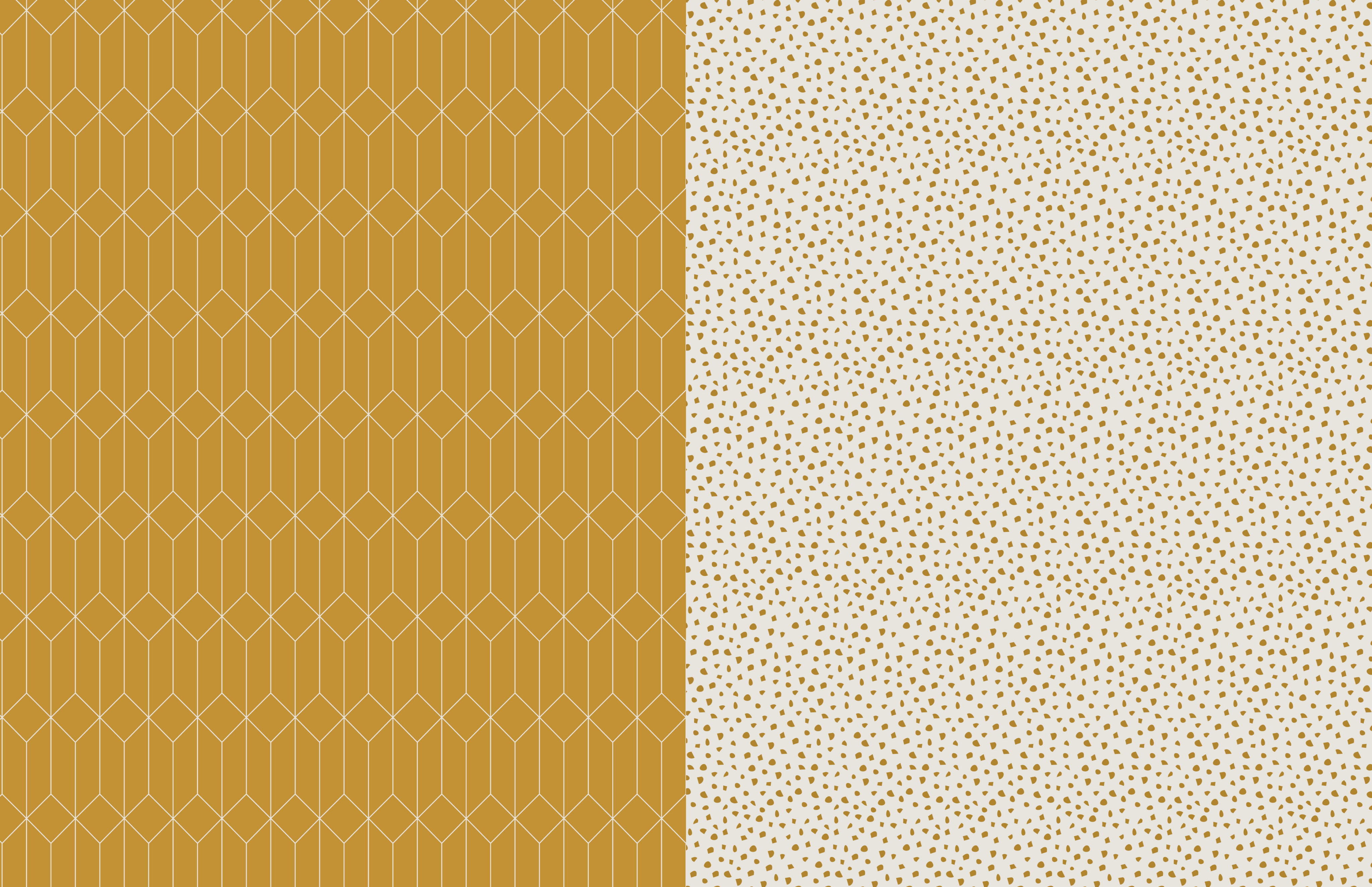 Split image with two patterns: left side has a geometric gold hexagon lattice on ochre, right side has small gold dots evenly spaced on a white background.