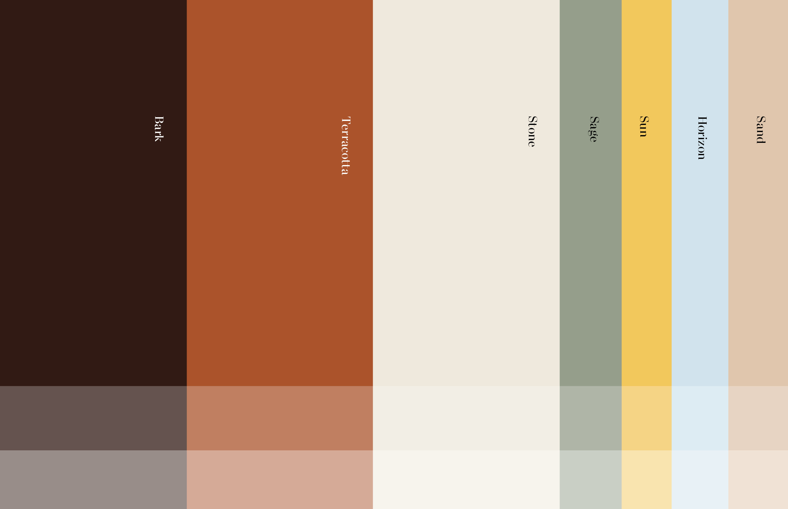Vertical color bands labeled Bark, Terracotta, Stone, Sage, Sun, Horizon, and Sand, with overlapping transparent bands at the bottom.