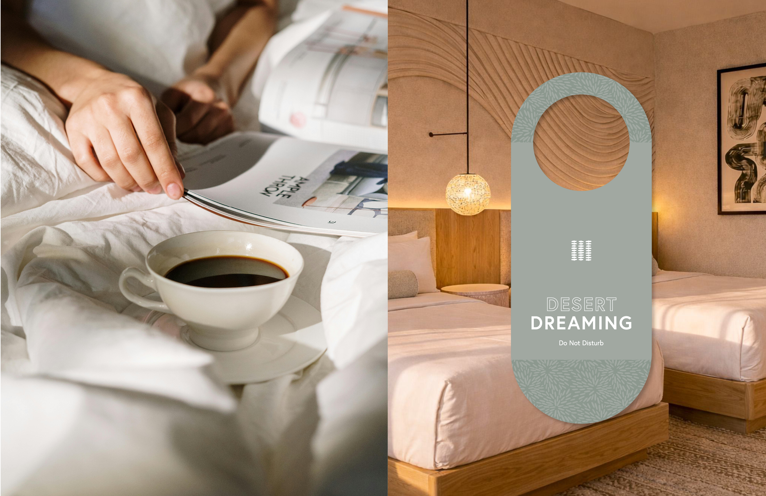 A person reads in bed with a cup of coffee; beside, a hotel room with twin beds and a "Desert Dreaming - Do Not Disturb" door hanger.
