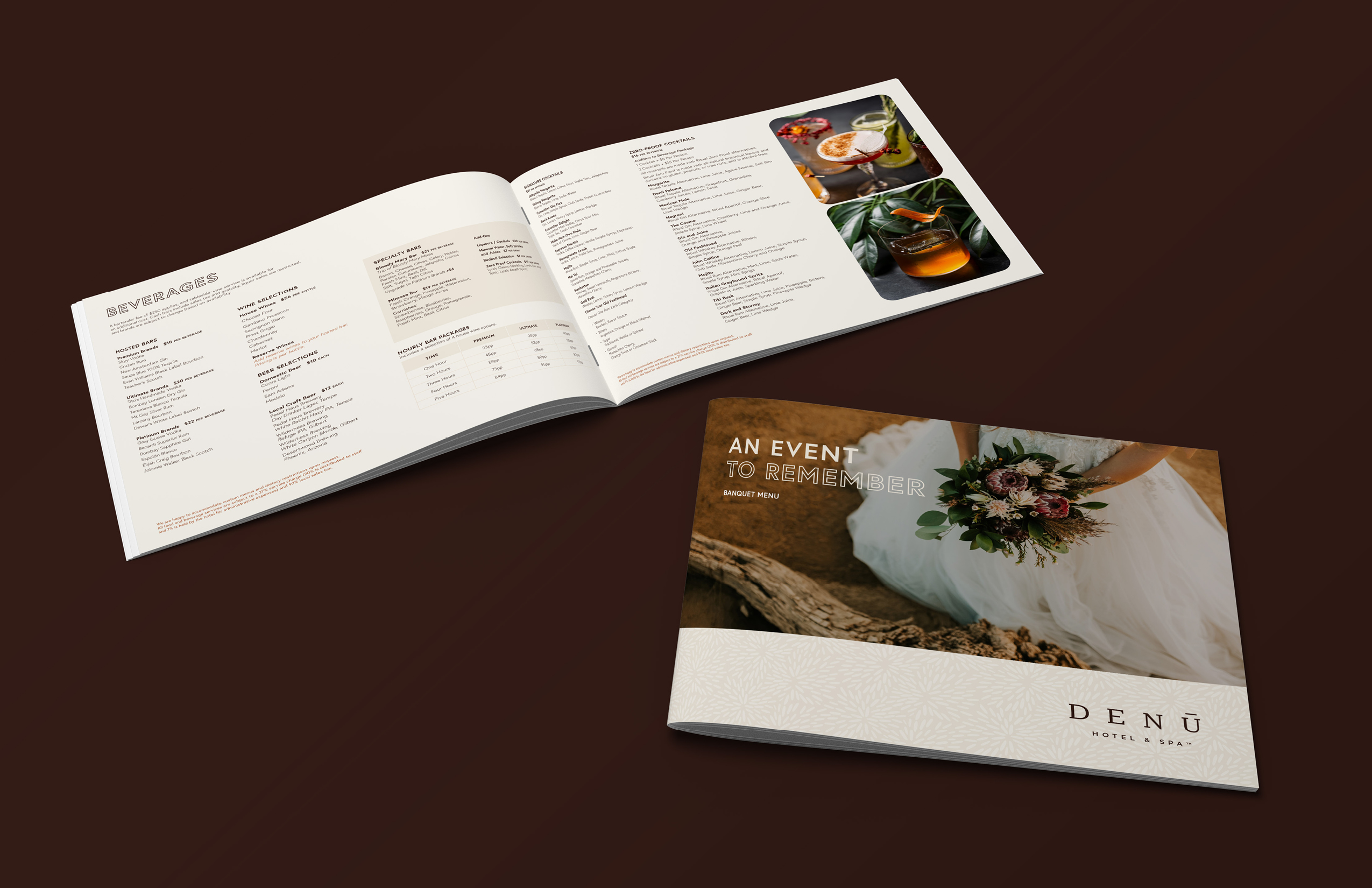 Two event menus are shown on a dark brown surface; one is open displaying beverages and photos of drinks, while the other is closed with a cover image of a bride holding a bouquet.