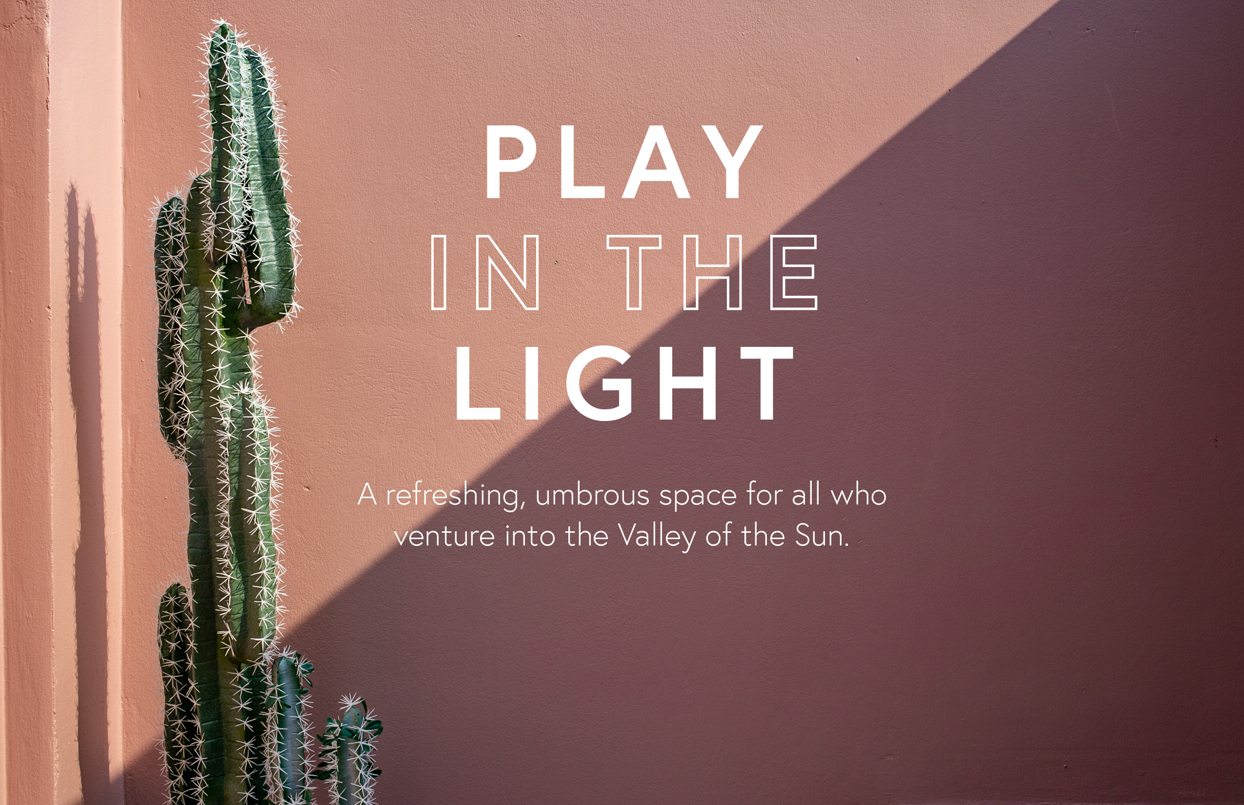 A tall cactus stands against a pink wall with a sharp shadow; text reads “Play in the Light” and describes a refreshing, umbrageous space in the Valley of the Sun.